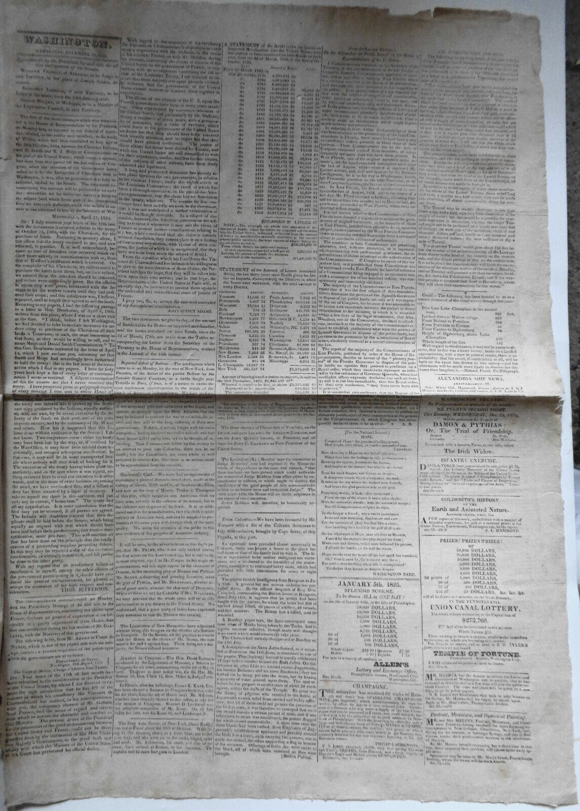 DAILY NATIONAL JOURNAL 1824 -DeWitt Clinton's copy. With Thomas Jefferson letter