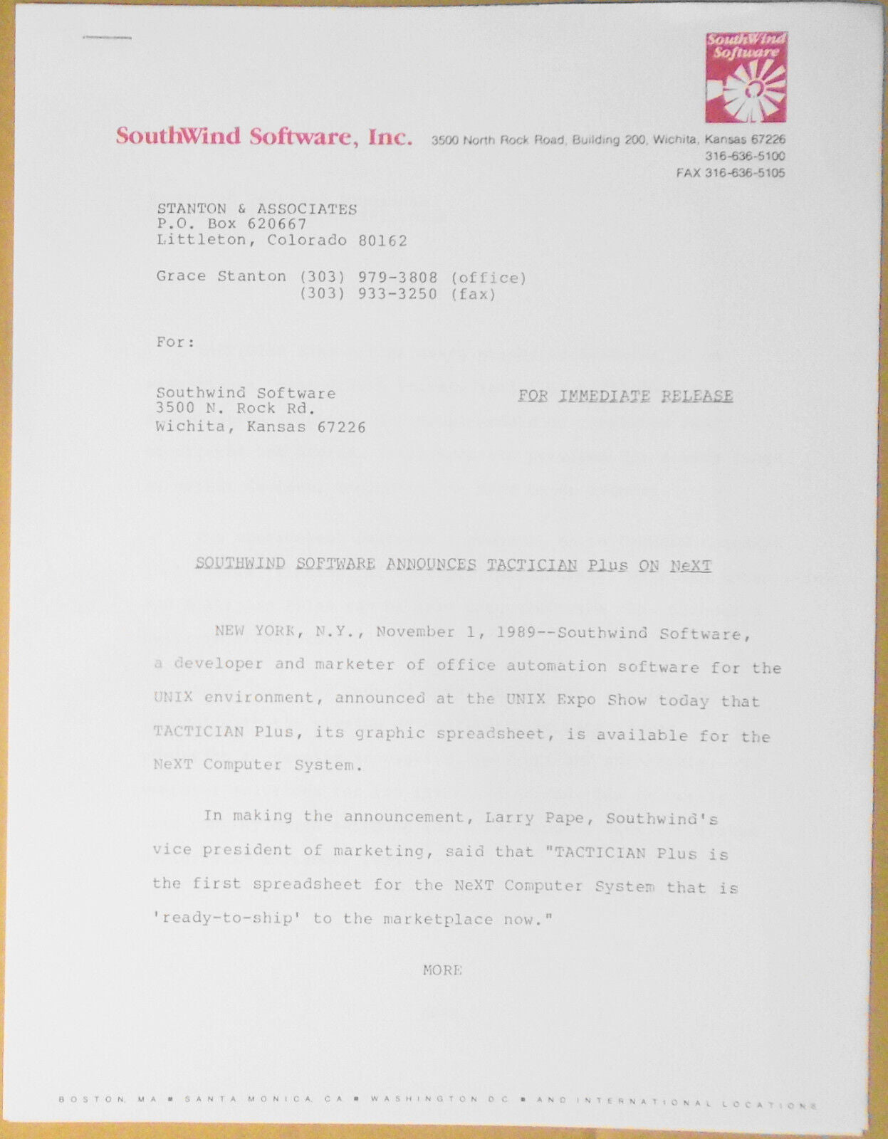 Tactician Plus - first spreadsheet for NeXT Computer - Promo literature, 1989