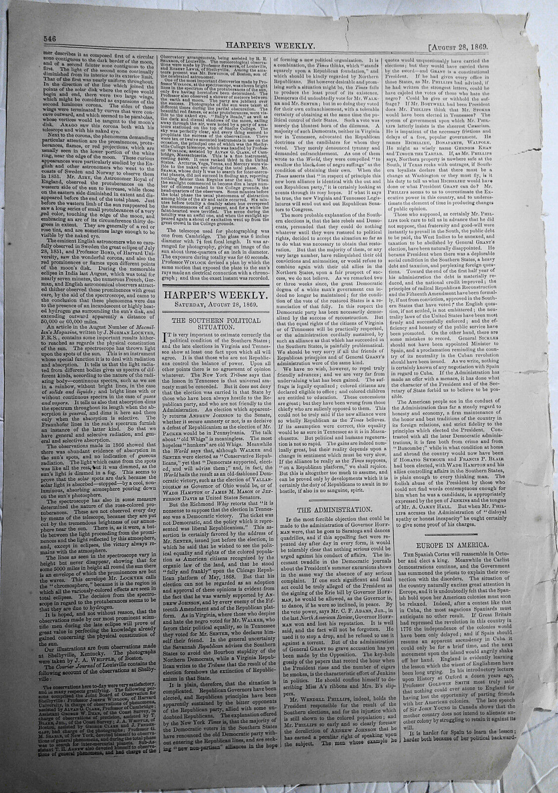 Solar Eclipse 1869 / Harvard Astronomical Expedition - Harper's Weekly 8/28/1869