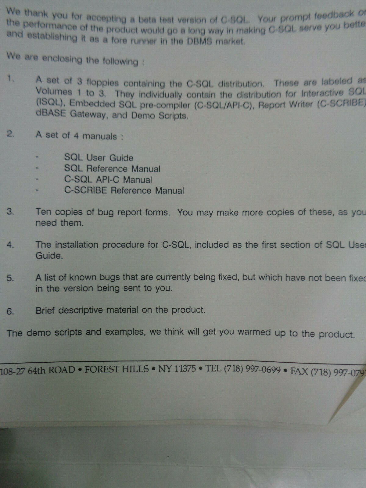 C-SQL, for DOS, by Coromandel - Beta Release 1989. 4 Manuals, 3 floppies (5 1/4)