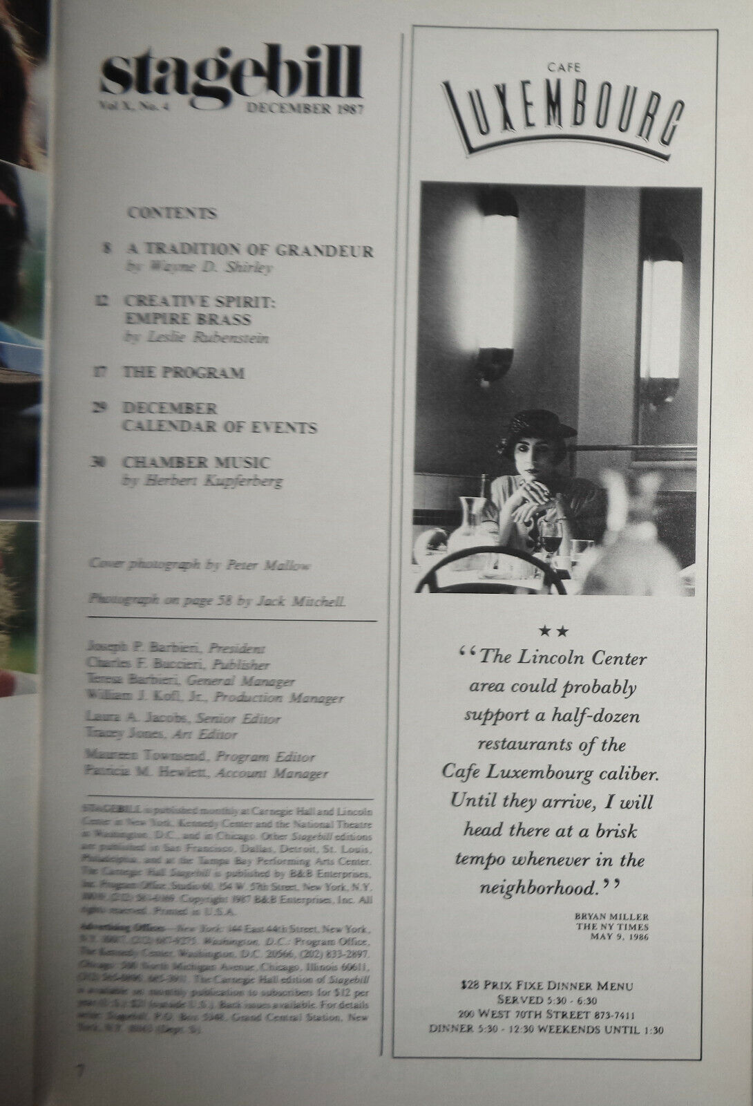 BOSTON SYMPHONY ORCHESTRA - CARNEGIE HALL STAGEBILL- DECEMBER 1987