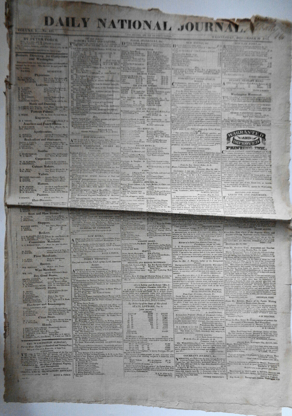 DAILY NATIONAL JOURNAL 1824 -DeWitt Clinton's copy. With Thomas Jefferson letter