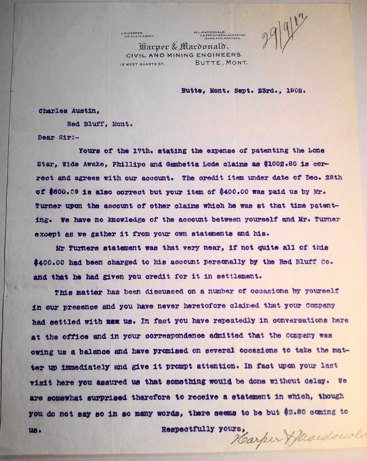 1902 Harper & MacDonald, Civil and Mining Engineers, Butte MT Billing Letter