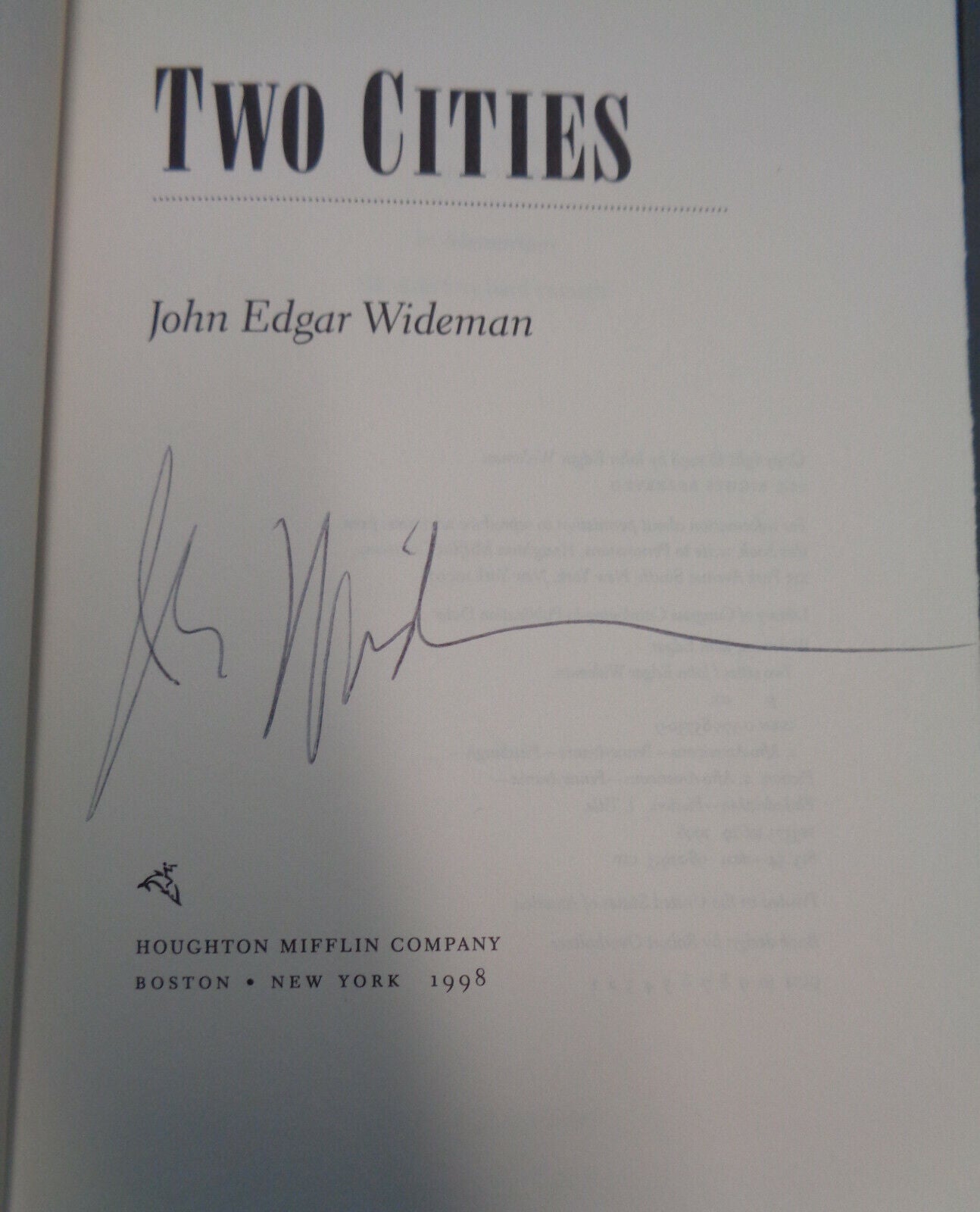 John Edgar Wideman - Two Cities - SIGNED First Edition. 1998. Fine/Fine