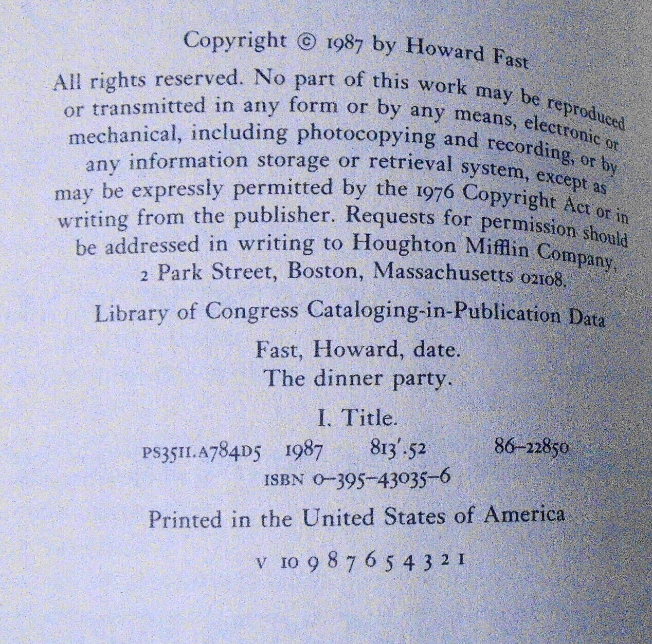 The Dinner Party, by Howard Fast. SIGNED First edition, 1987. Fine/Fine.