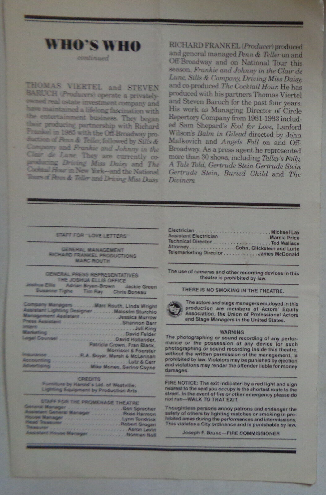 Love Letters, by A. R. Gurney - Program - Promenade Theatre, Off-Broadway, 1989