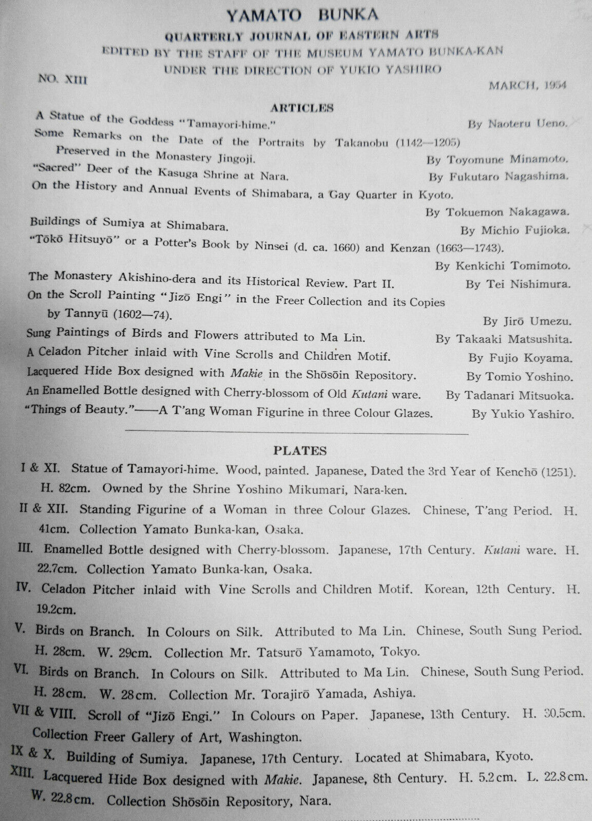 6 issues of YAMATO BUNKA - JOURNAL OF EASTERN ARTS - 1954 to 1990. Dual language