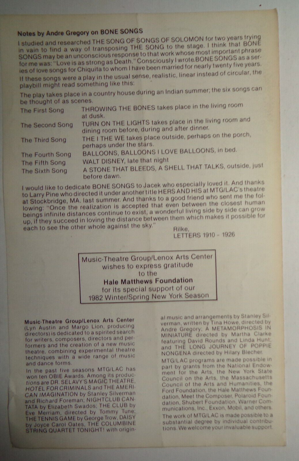 Twyla Tharp & Andre Gregory in BONE SONGS - PROGRAM - 1981