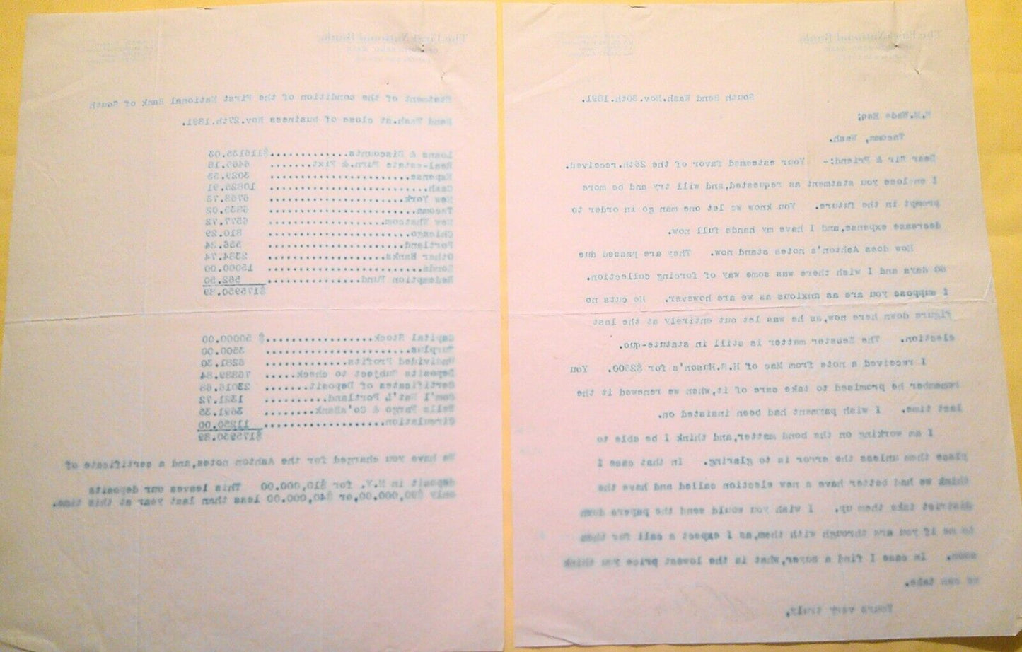 1891 Statement of Condition of First National Bank, of South West, Washington