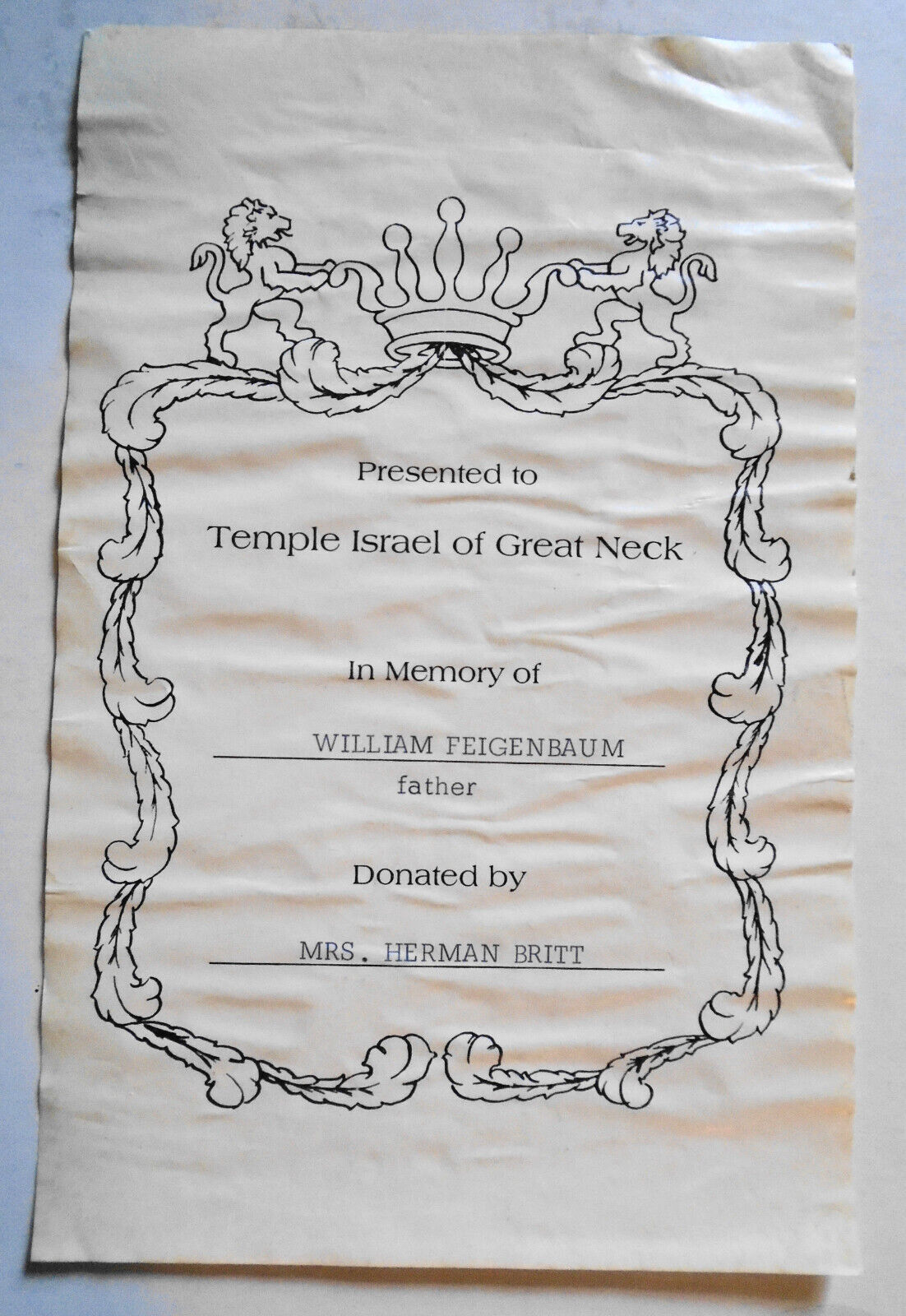 Temple Israel of Graet Neck, Presentation Ex Libris Bookplate