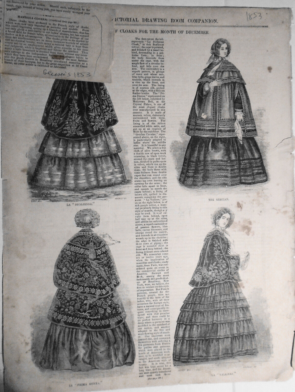 Mantilla Cloaks - Fashions Of For The Month Of December - Gleason's 1853