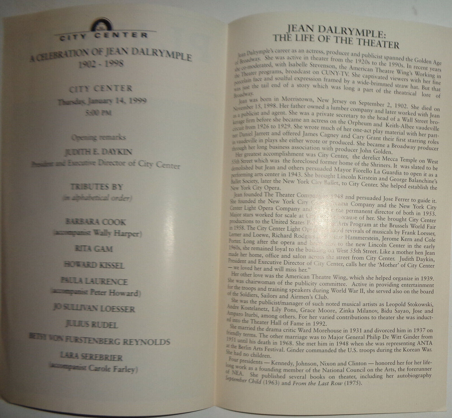 A CELEBRATION OF JEAN DALRYMPLE - JANUARY 14, 1999 - Playbill