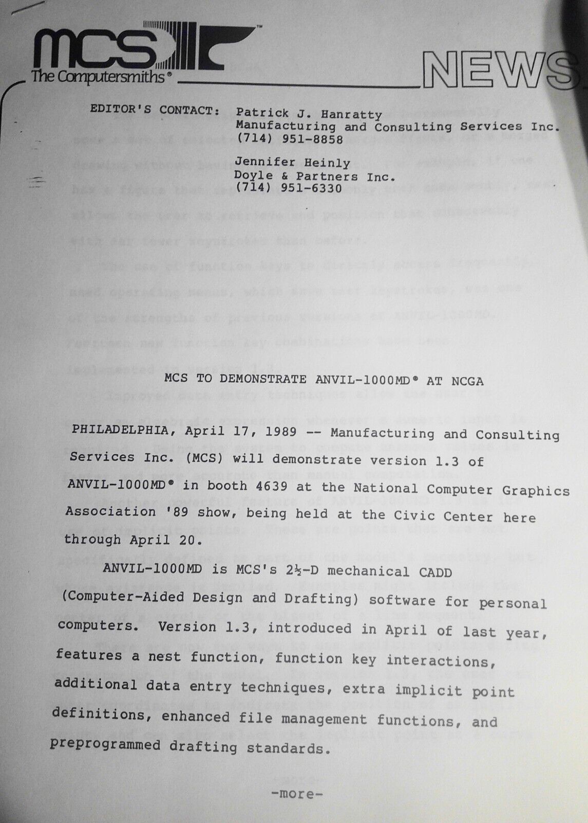 ANVIL-5000 3D CADD/CAM Software Press Kit, 1989. By MCS.