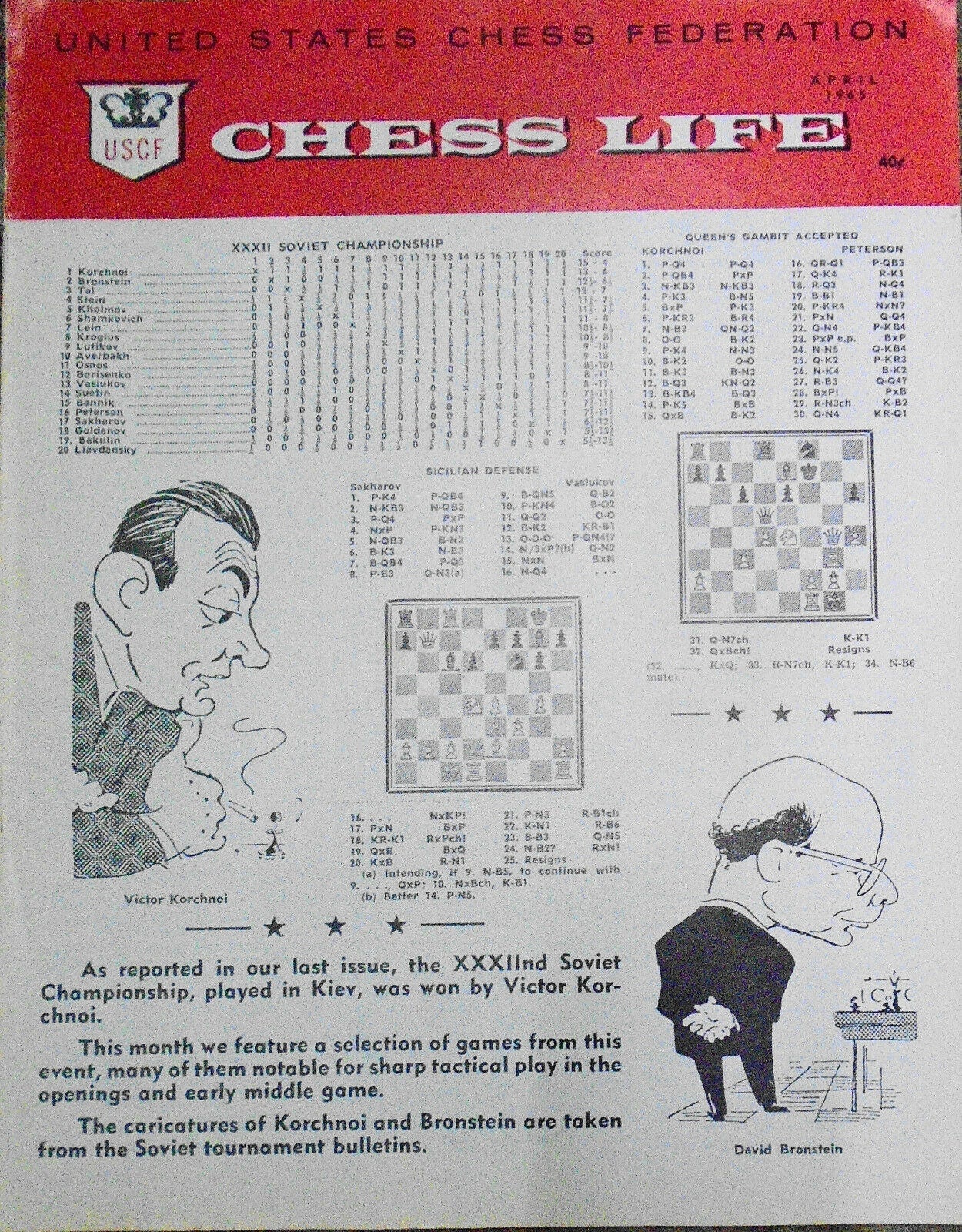 Chess Life, April 1965 - Soviet Championship; Olympiad...