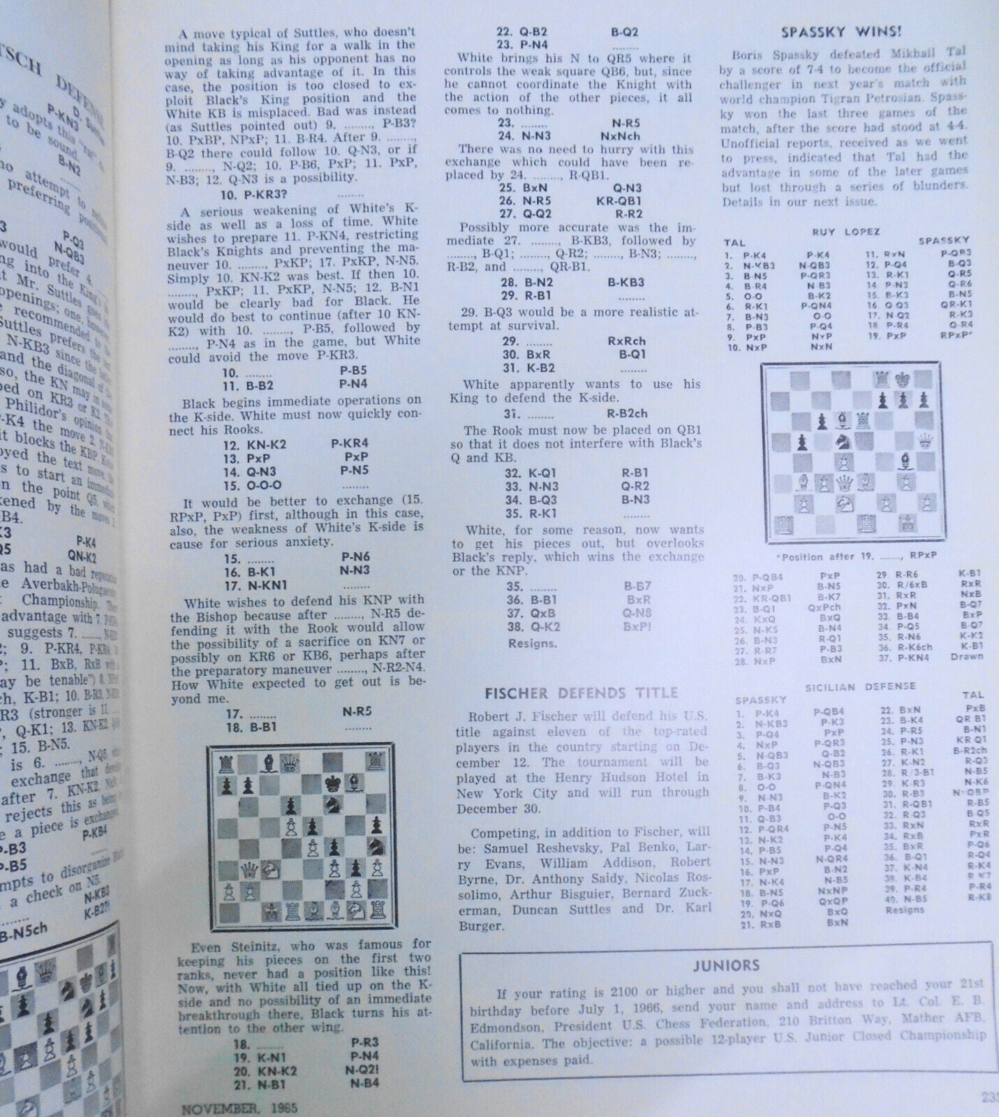 Chess Life, November 1965 - Candidates Matches; Capablanca Memorial, etc.