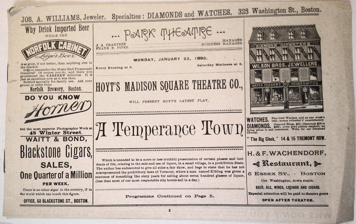 A Temperance Town : 6 Boston Theater program sections, 1892 - 1922