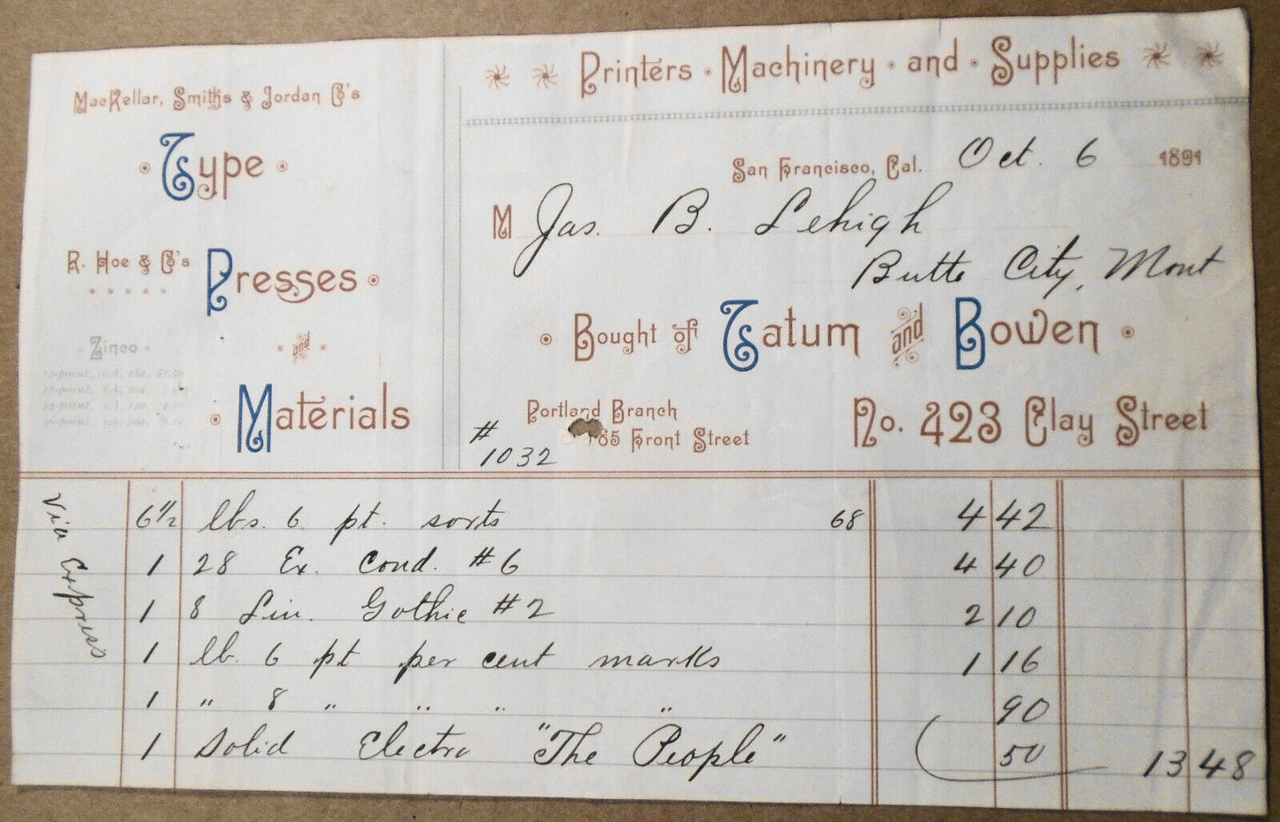 1891 Tatum and Bowen Receipt - Printers, Machinery and Supplies - Butte City, MT