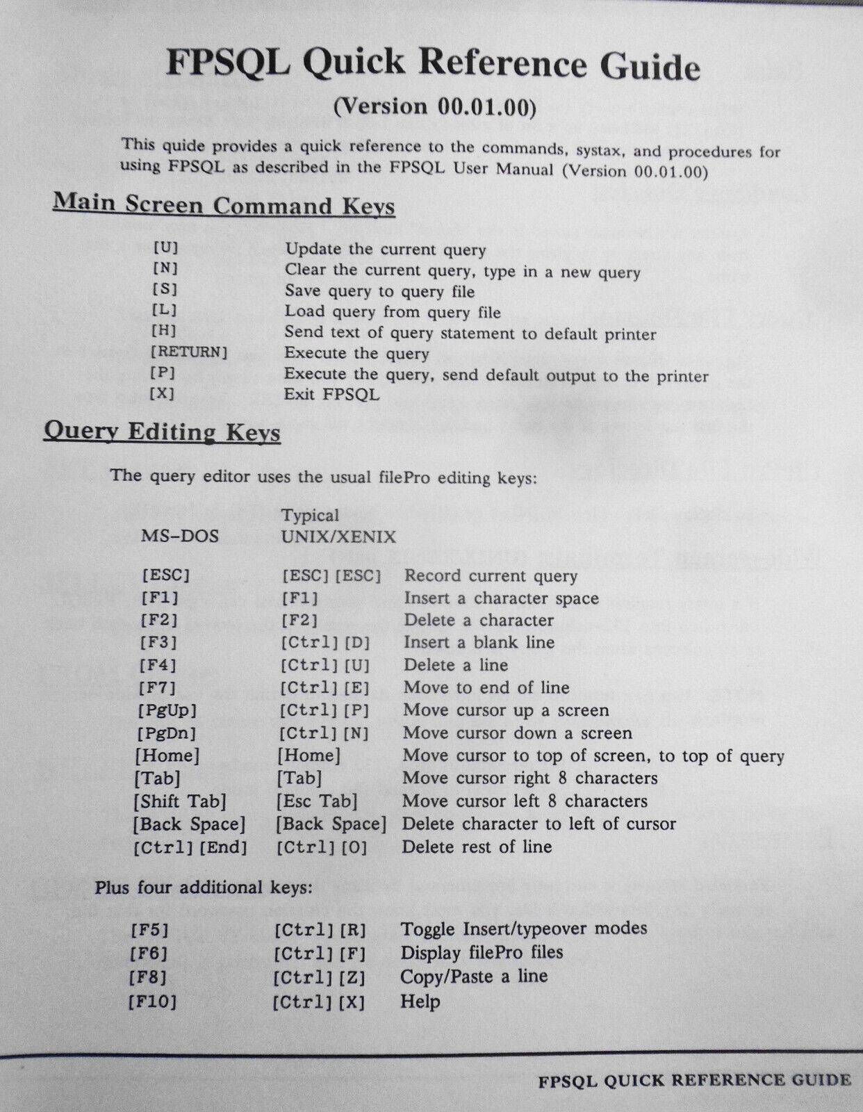 Filepro FPSQL Beta Test Program - Version 00.01.00, 1987 Manual & MSDOS software