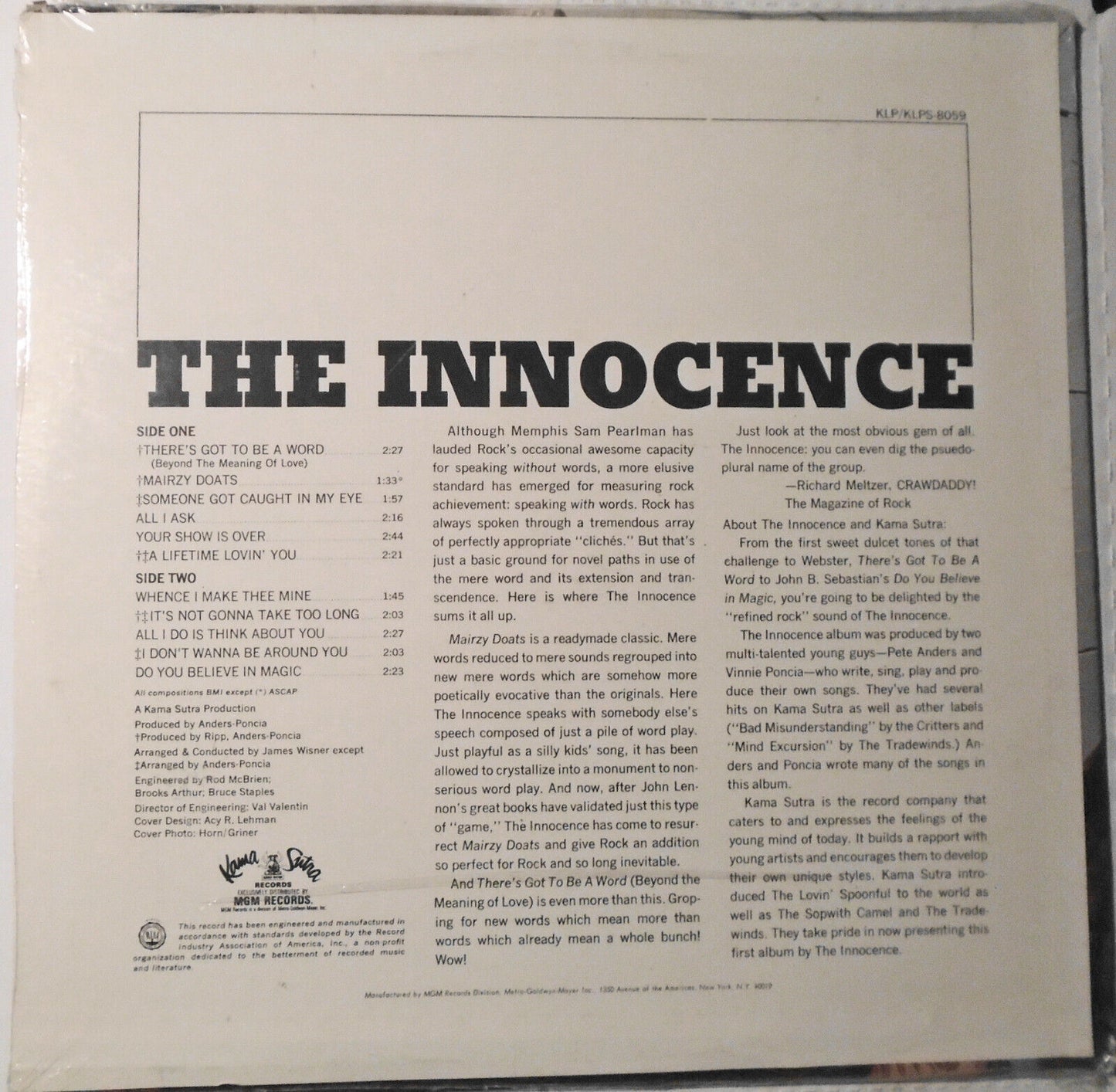 The Innocence : The Innocence LP - Kama Sutra KLP-8059 Mono 1967 New Sealed