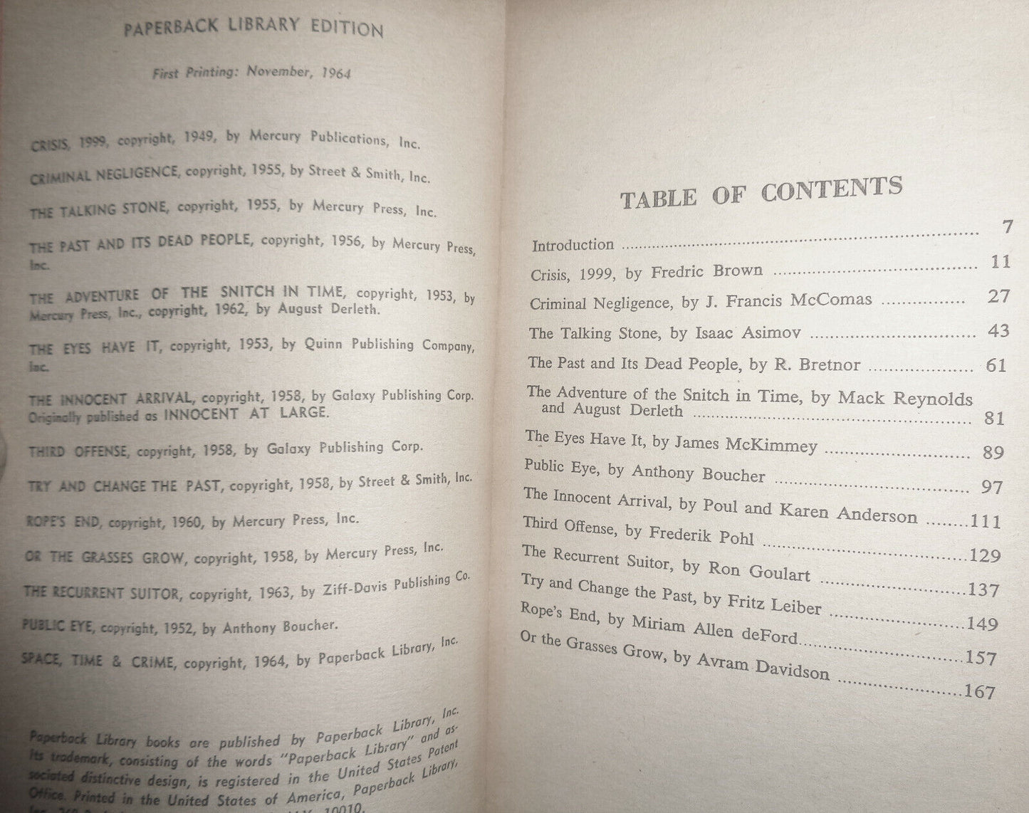 Space, Time & Crime, edited by Miriam Allen Deford. First Printing 1964