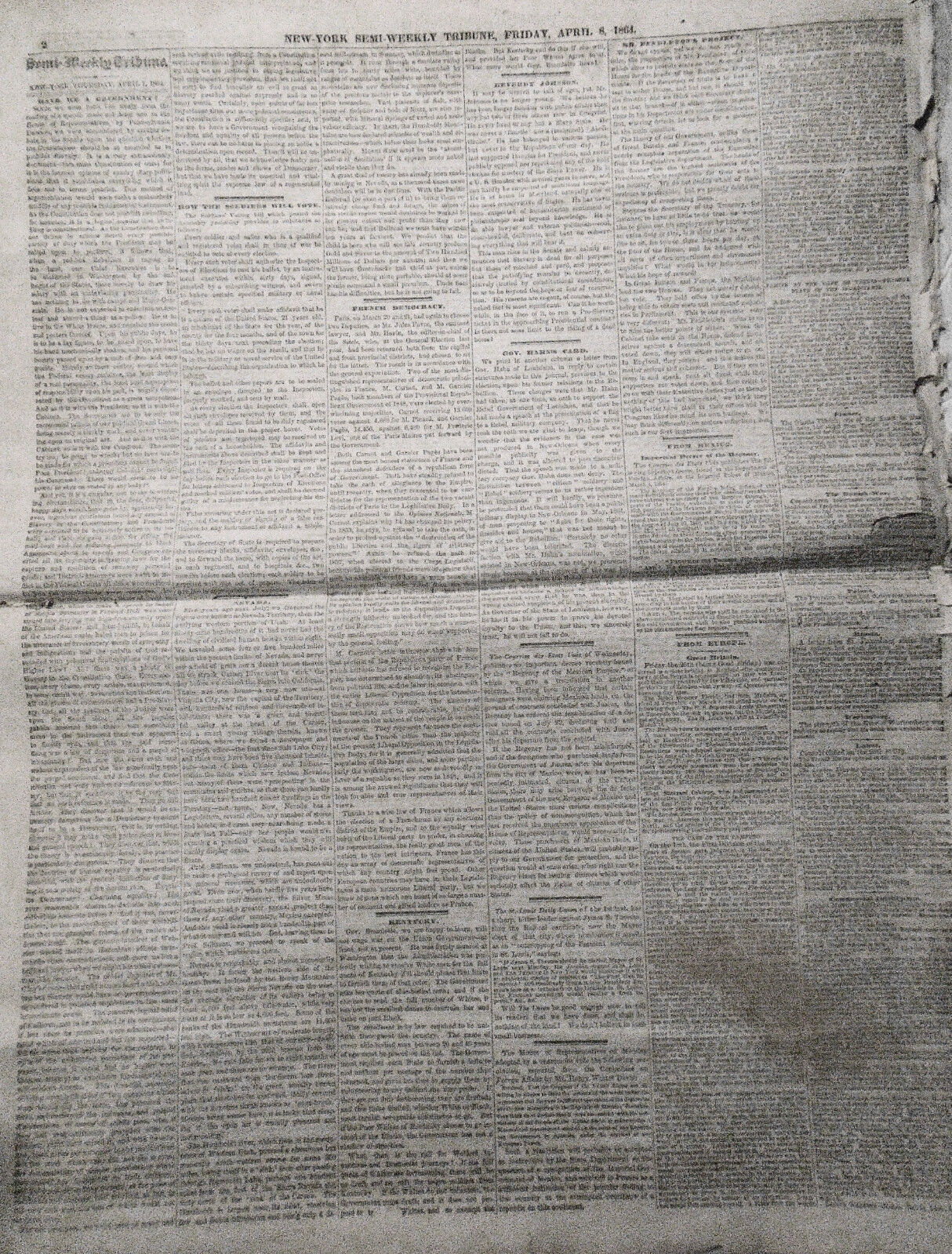 NEW YORK TRIBUNE, April 8, 1864 - Civil War; Irish on Slavery; Metropolitan Fair