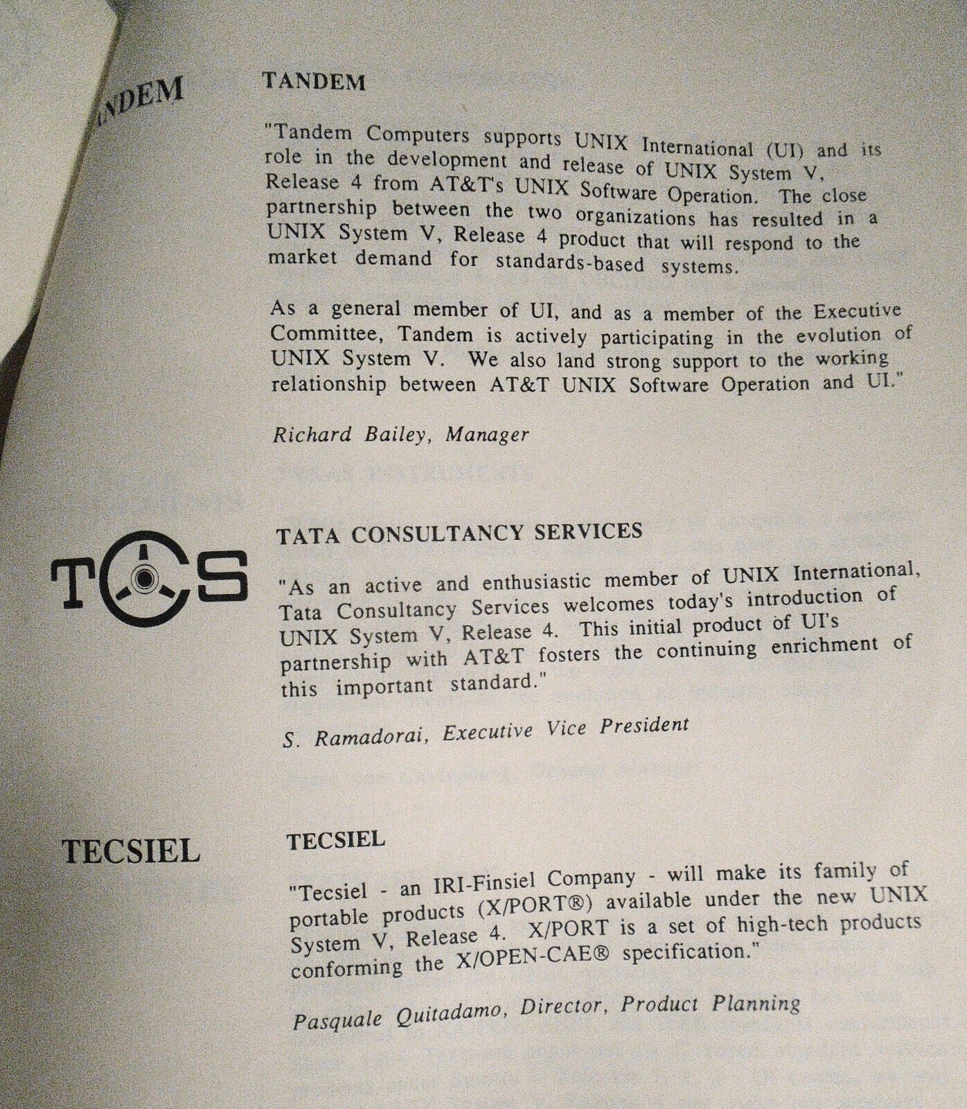 1989 Statements of support by 172 companies for UNIX System V, Release 4