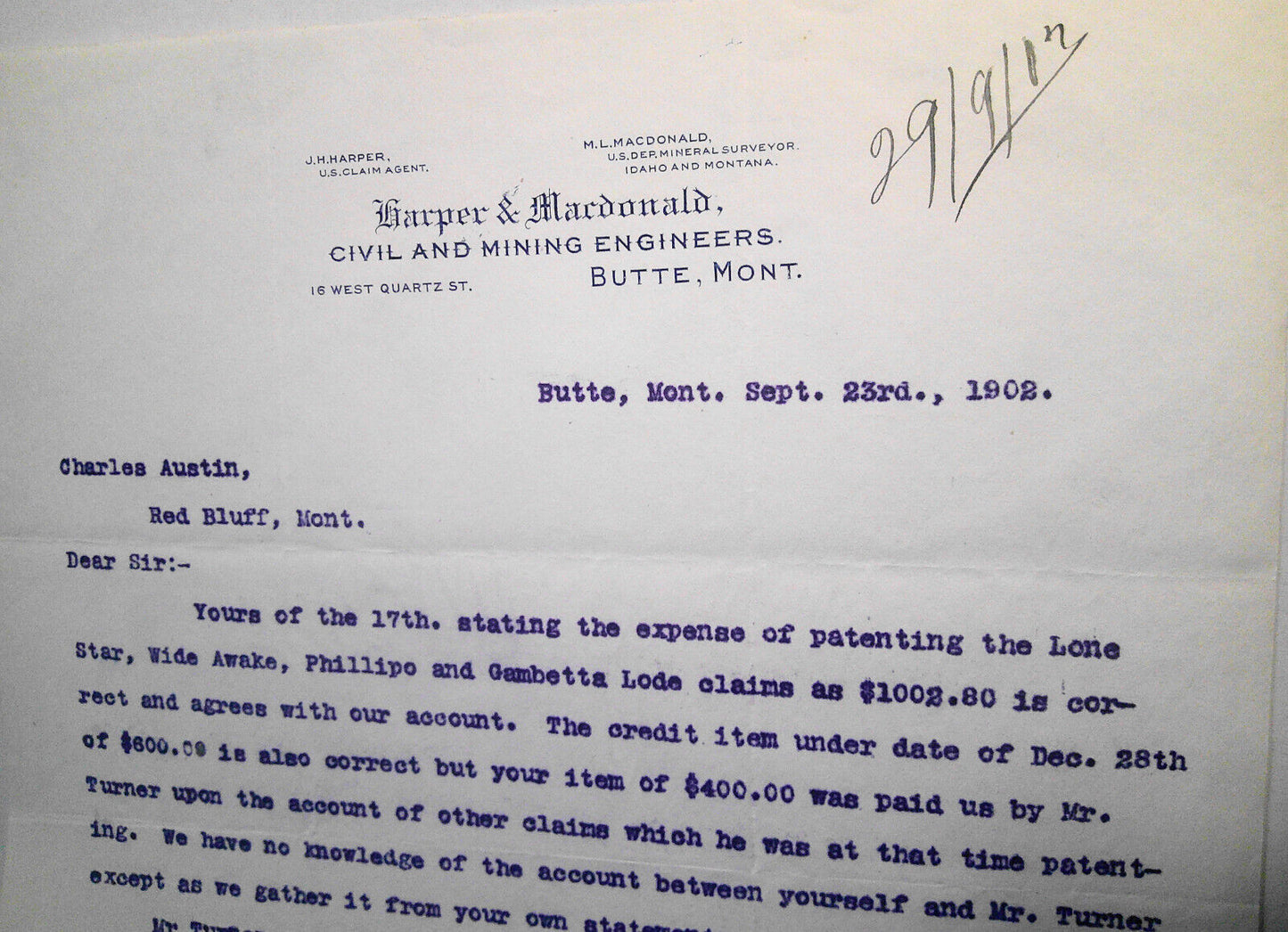 1902 Harper & MacDonald, Civil and Mining Engineers, Butte MT Billing Letter