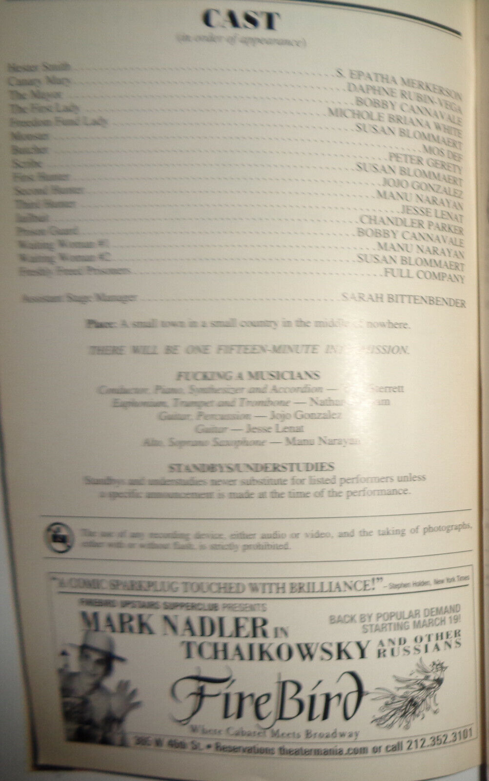 F*CKING A - PLAYBILL - MARCH 2001 - PUBLIC THEATER, NYC - With ticket stub