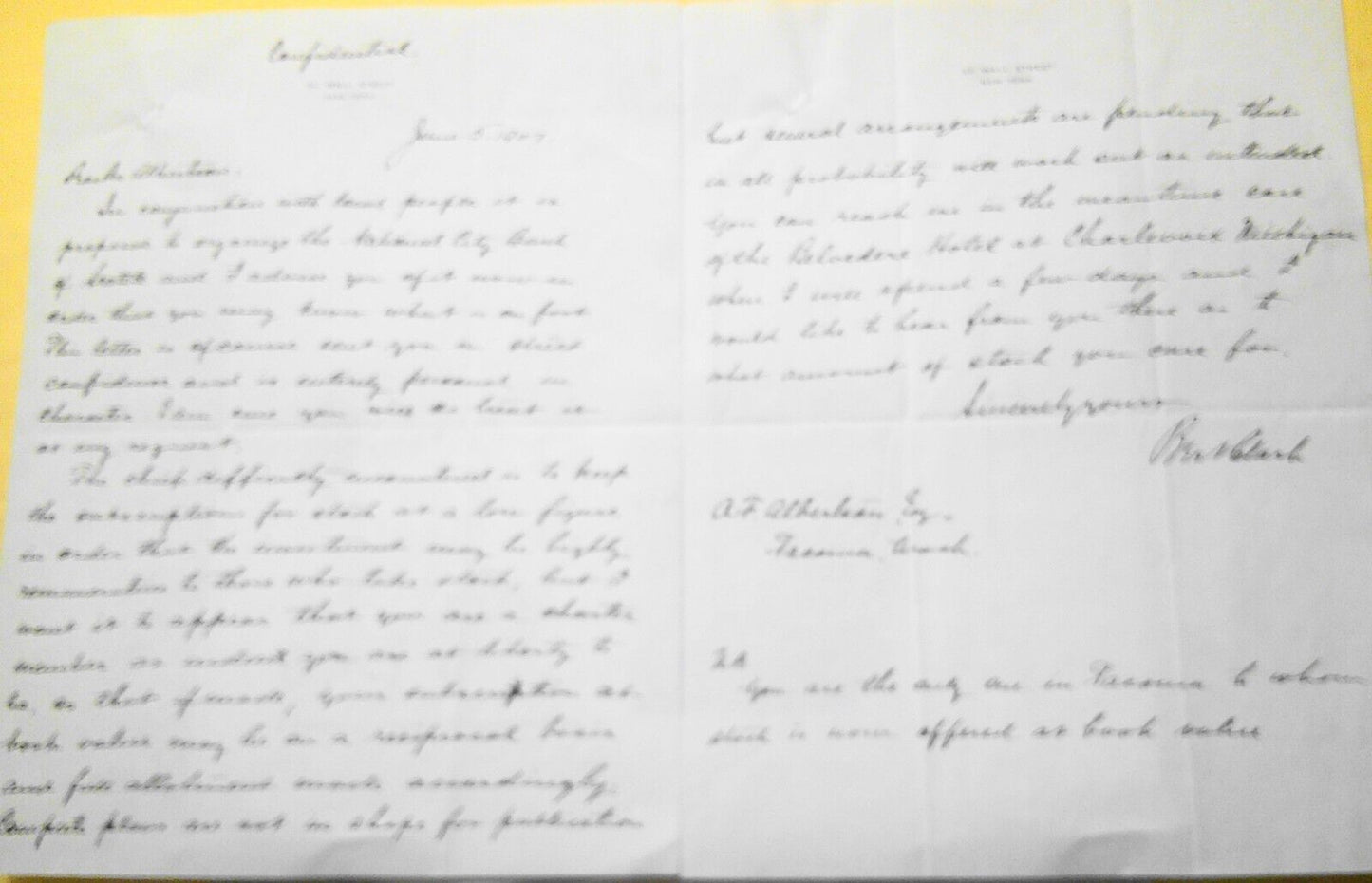 1907 Confidential Letter on formation of new "National City Bank of Seattle"