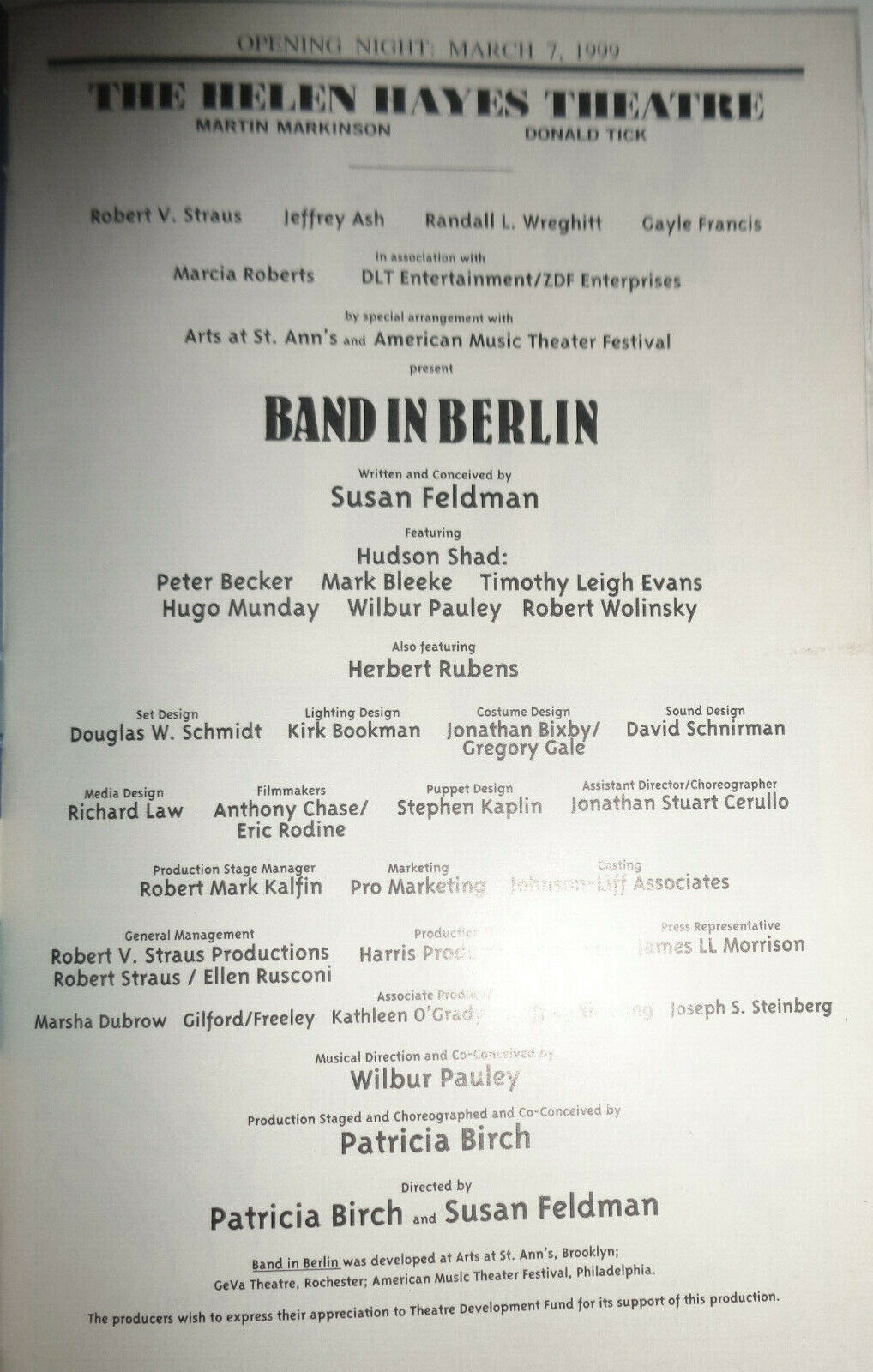 BAND IN BERLIN - PLAYBILL - OPENING NIGHT MARCH 7, 1999 Helen Hayes Theatre