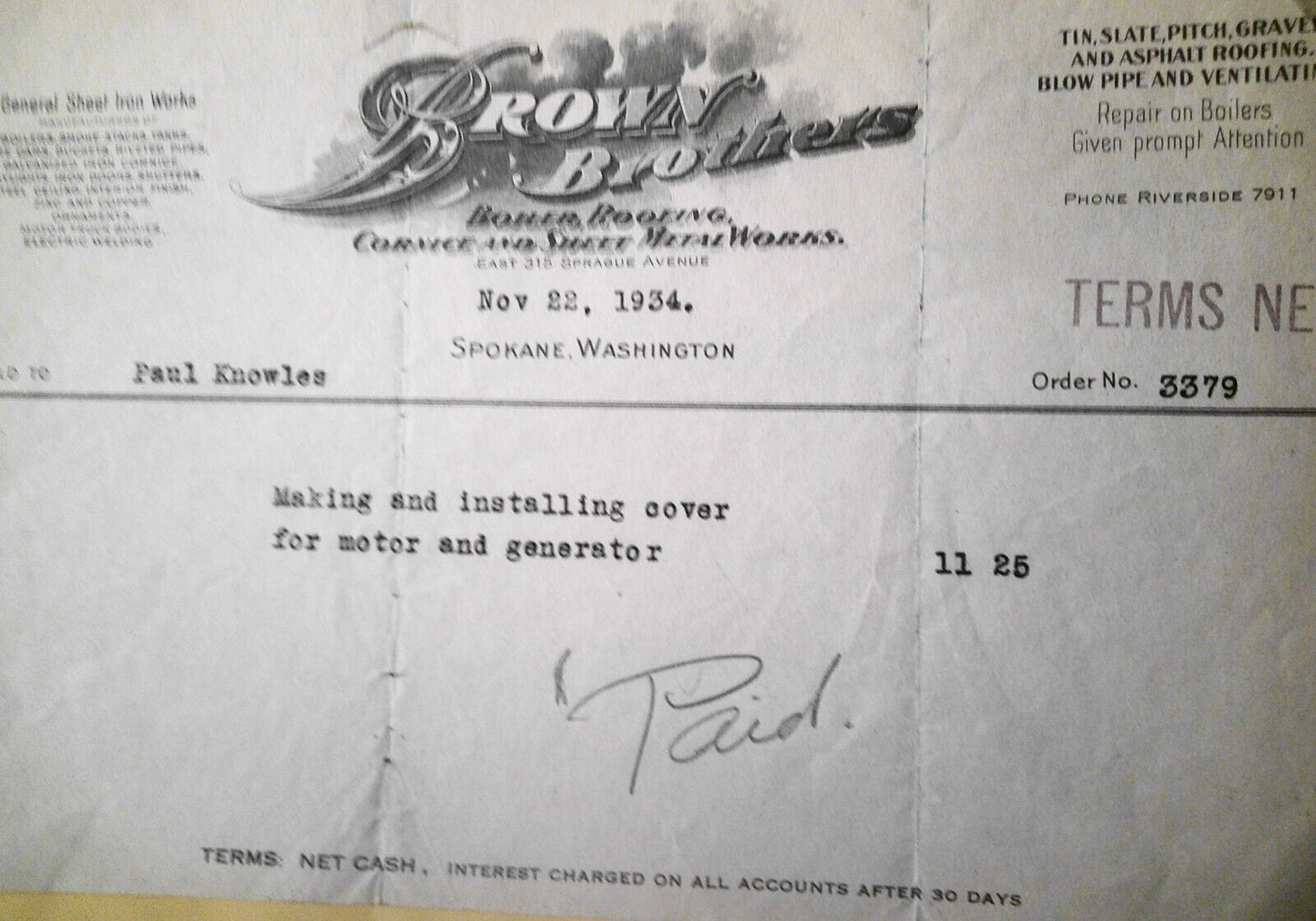 1934 Brown Brothers, Boiler, Roofing. Sheet Metal... Spokane WA Billhead receipt