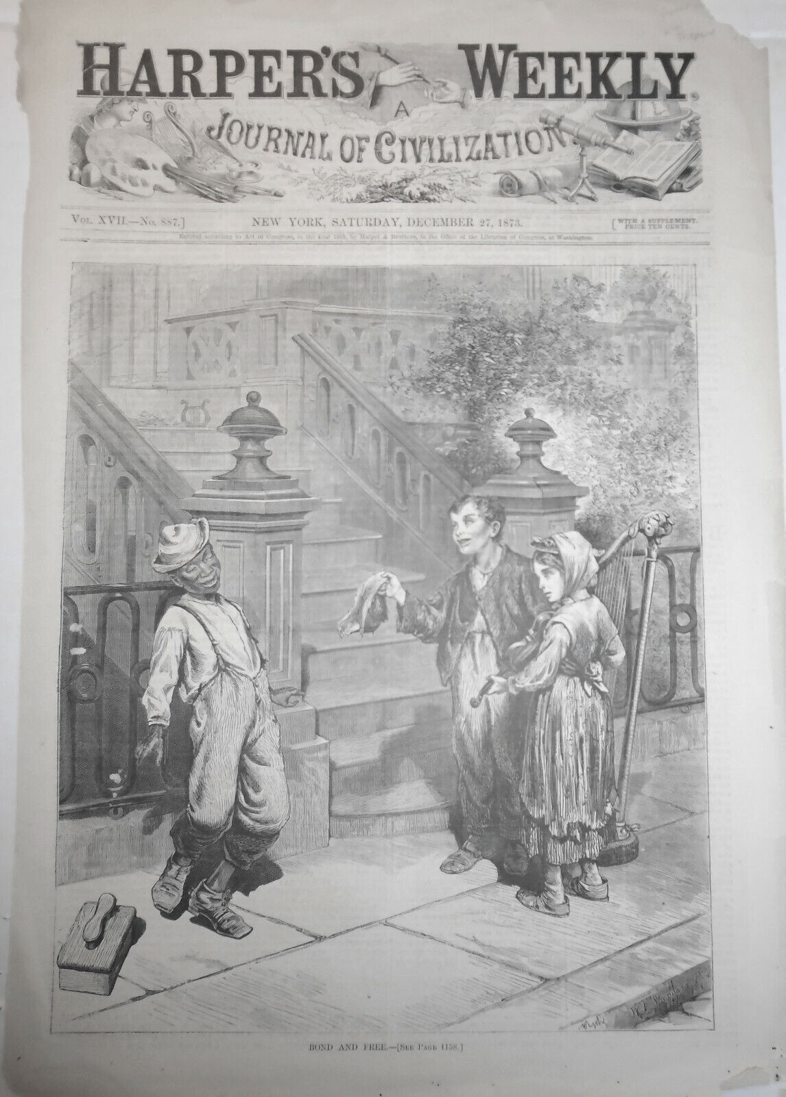 Bond And Free. Harper's Weekly - December 27, 1873. Original print by Shepard
