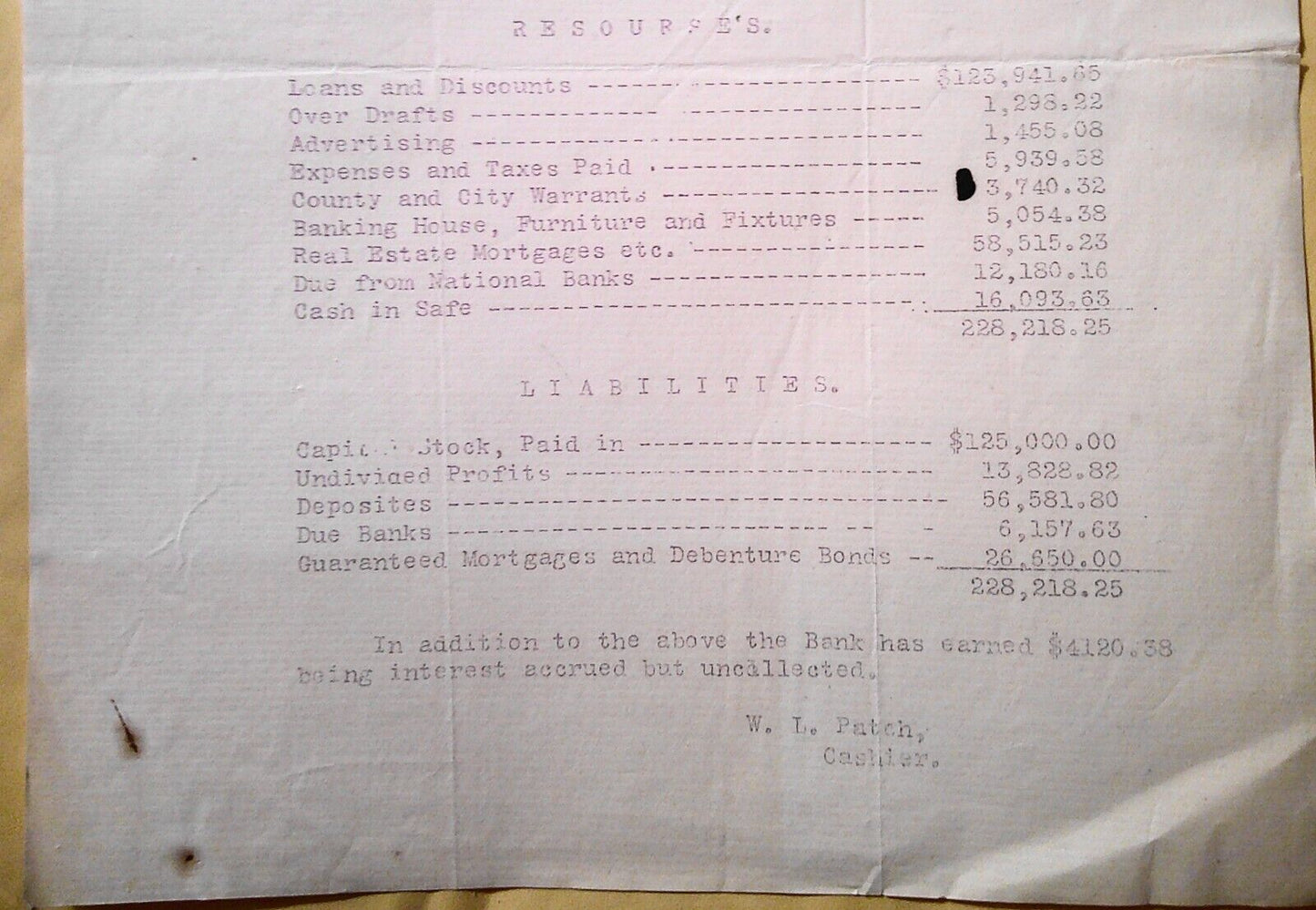 1891 Puget Sound Loan Trust & Banking Co., Whatcom, WA Statement of Condition