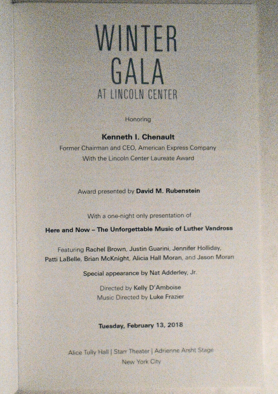 Honoring Kenneth I Chenault, Winter Gala at Lincoln Center Program Feb. 13, 2018