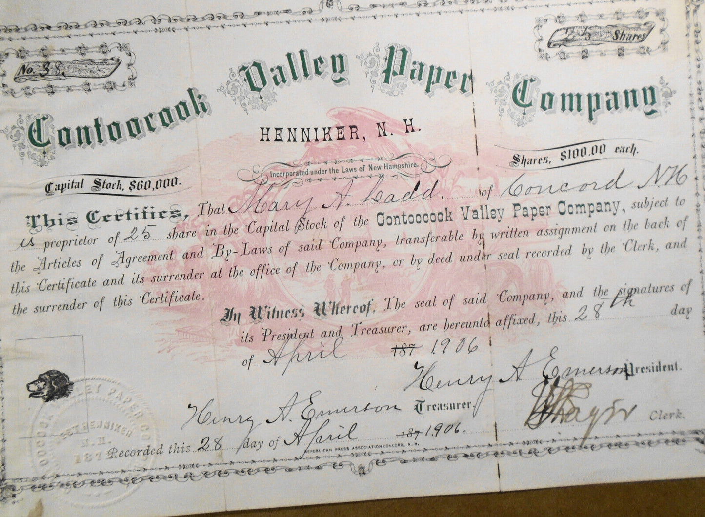 1906 Contoocook Valley Paper Company, Henniker, NH - Stock Certificate /Transfer