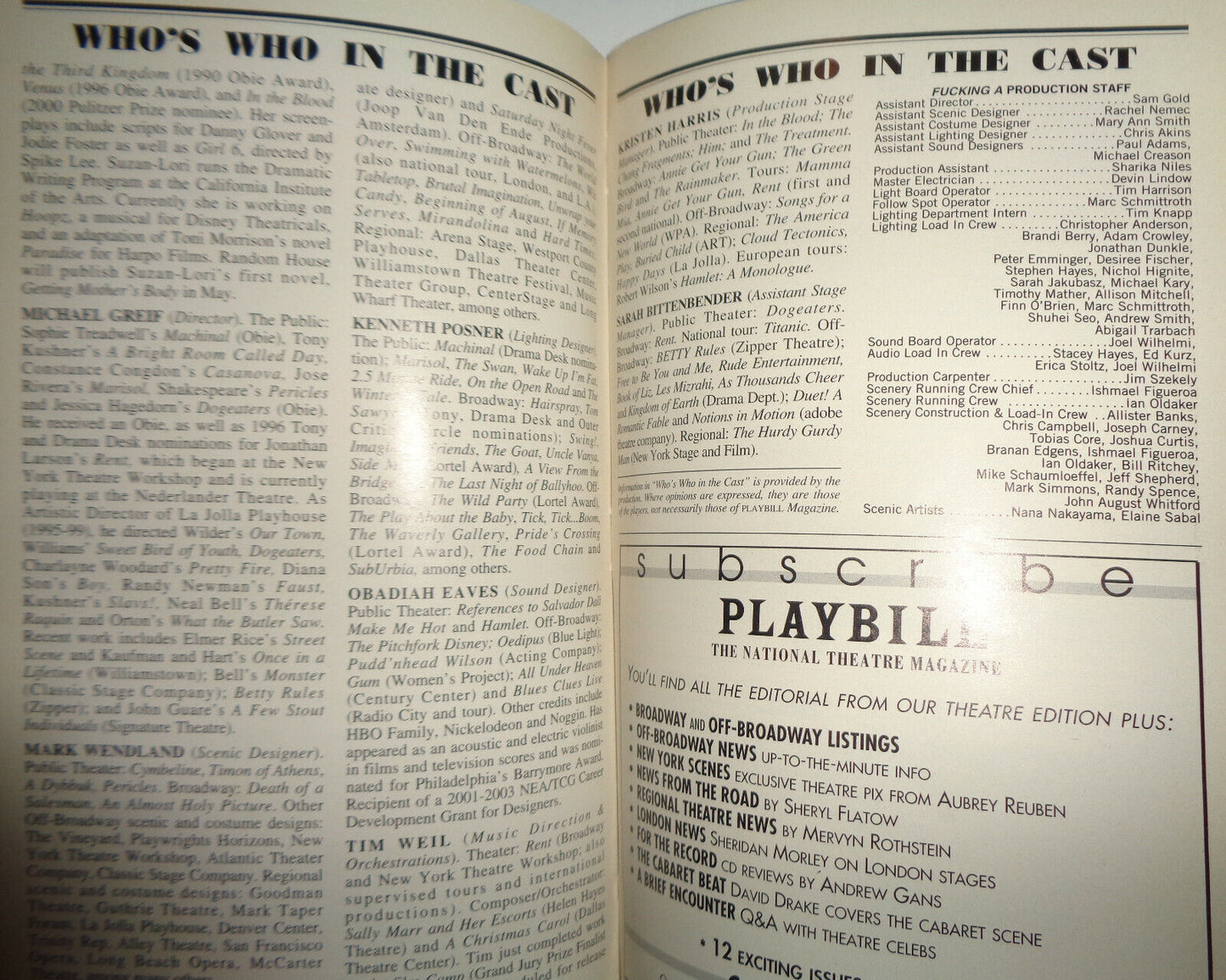 F*CKING A - PLAYBILL - MARCH 2001 - PUBLIC THEATER, NYC - With ticket stub