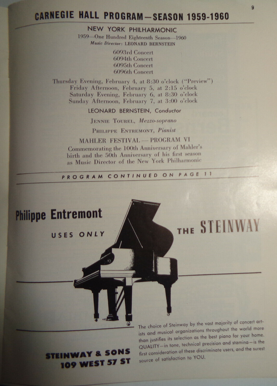 JENNIE TOUREL / PHILIPPE ENTREMONT - NY PHILHARMONIC PROGRAM, CARNEGIE HALL 1960