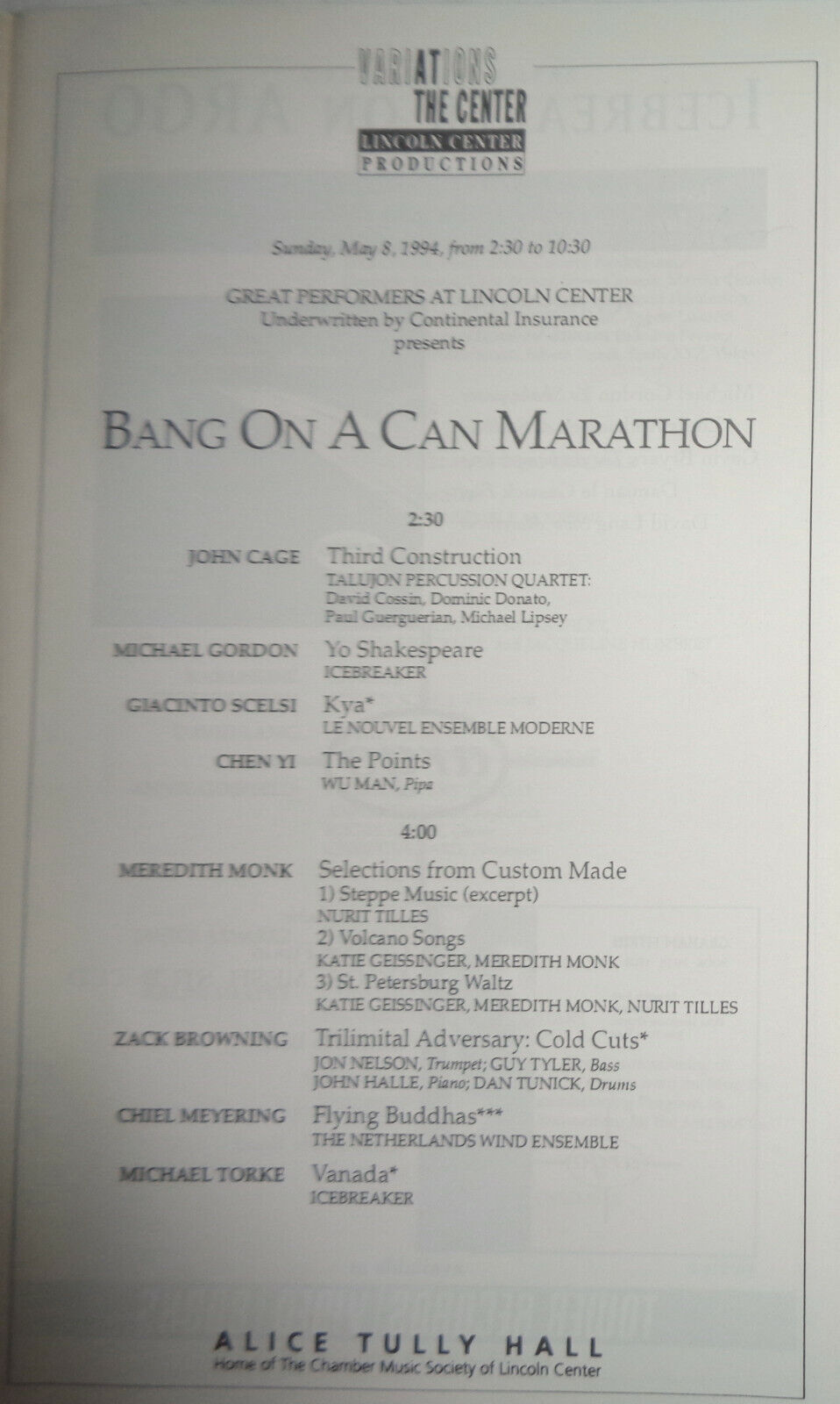 BANG ON A CAN MARATHON - LINCOLN CENTER STAGEBILL - SUNDAY, MAY 8, 1994