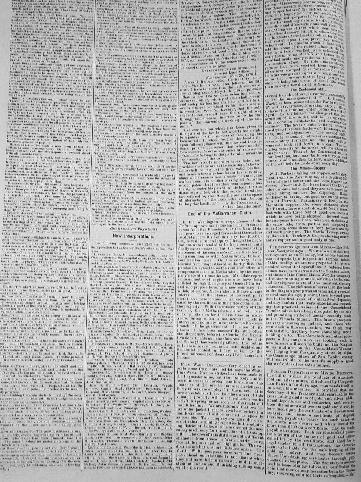 Mining and Scientific Press, April 8, 1876. Allen's Fracture Bed; etc
