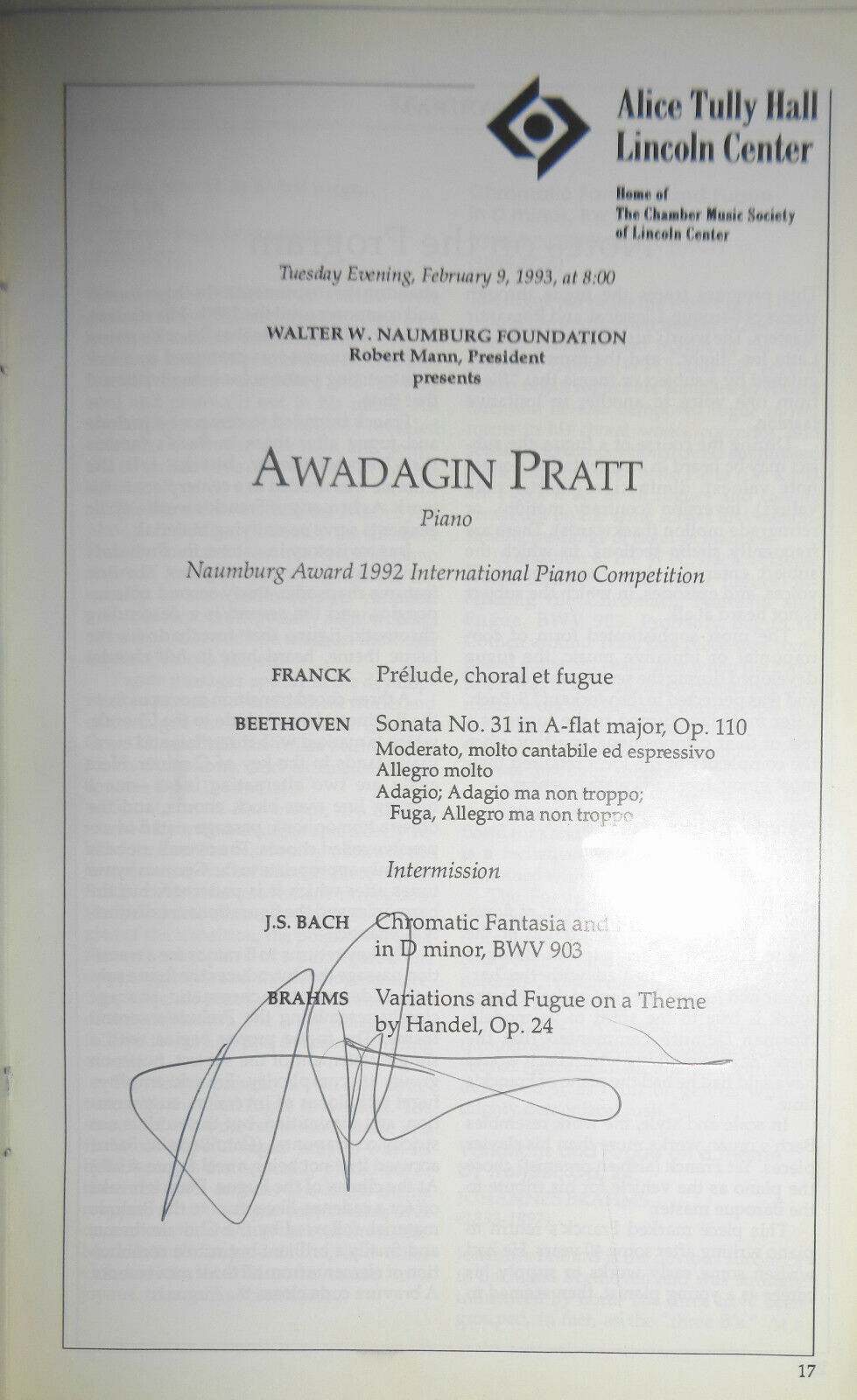 Awadagin Pratt SIGNED Stagebill, Feb 1993 - Lincoln Center Naumburg Piano Award