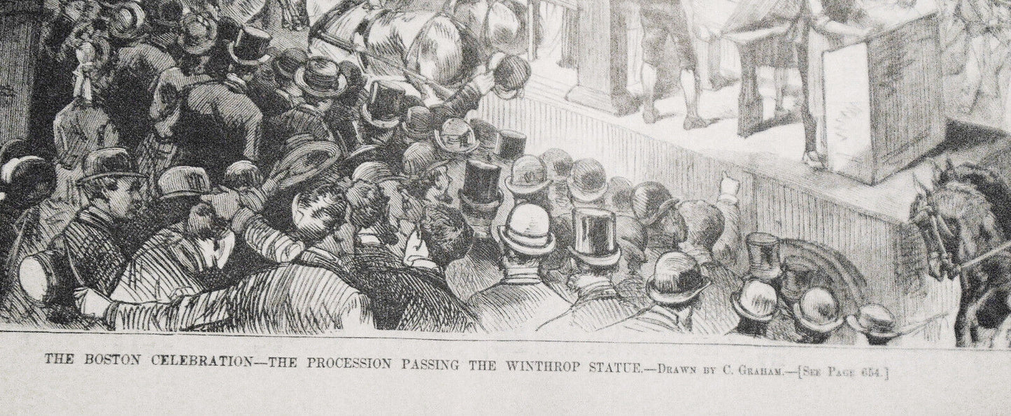 The Boston celebration - the procession passing the Winthrop statue. HW, 1880