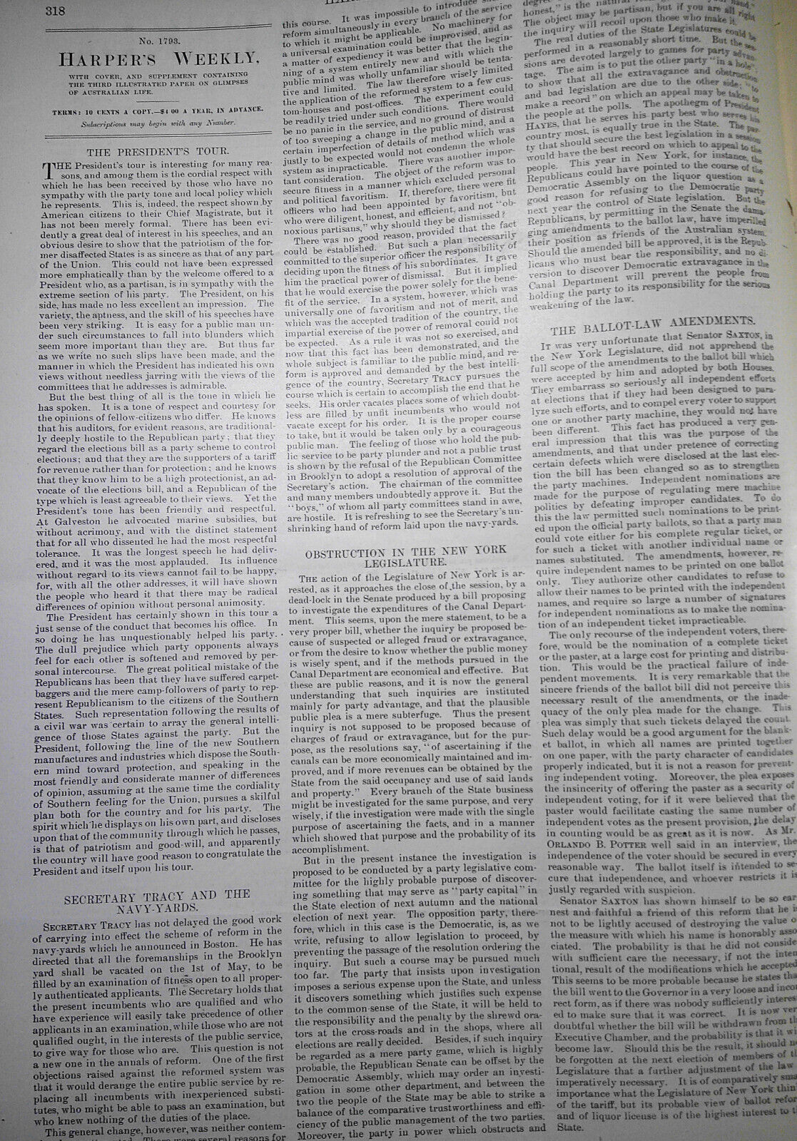 Harper's Weekly May 2, 1891. Australia; Manipuri; Henry James; Central Park, etc