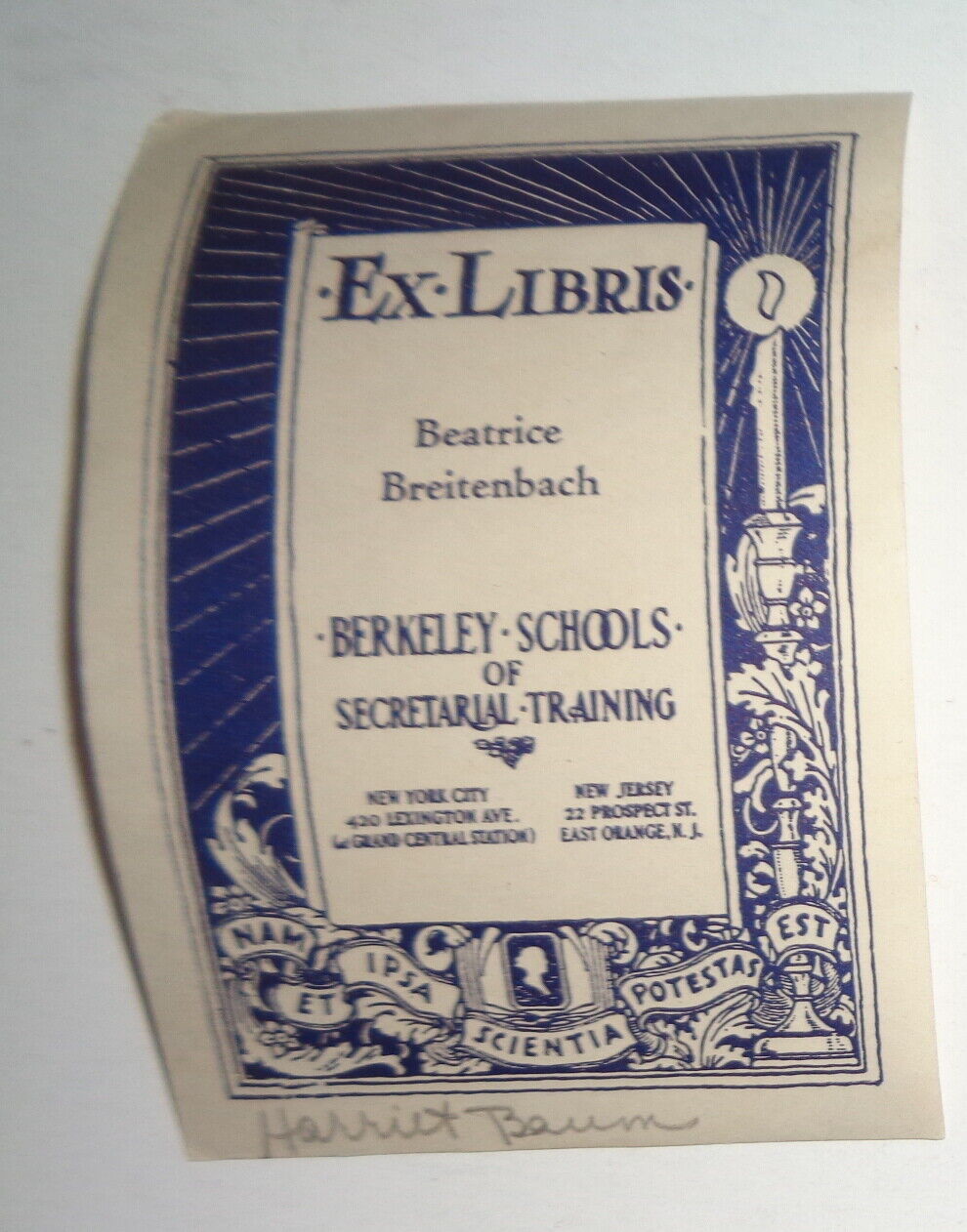 Beatrice Breitenbach, Berkeley Schools Of Secretarial Training - Bookplate