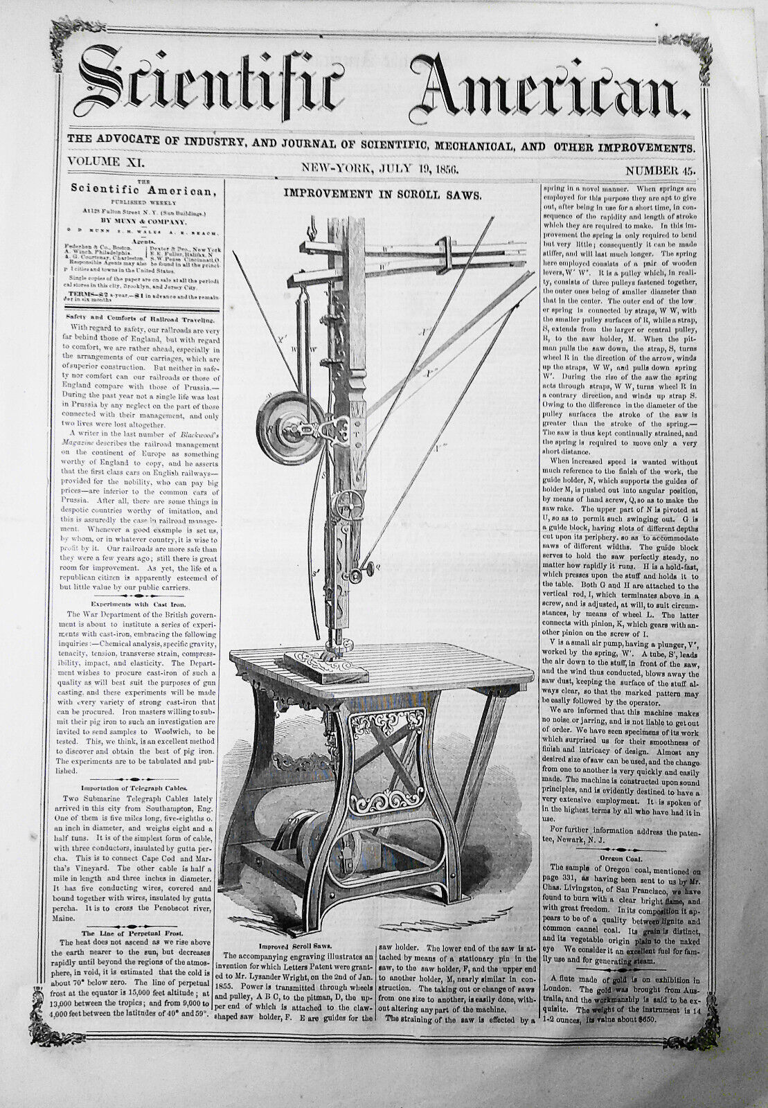 Scientific American, July 19, 1856. American vs European photographs; telegraphy