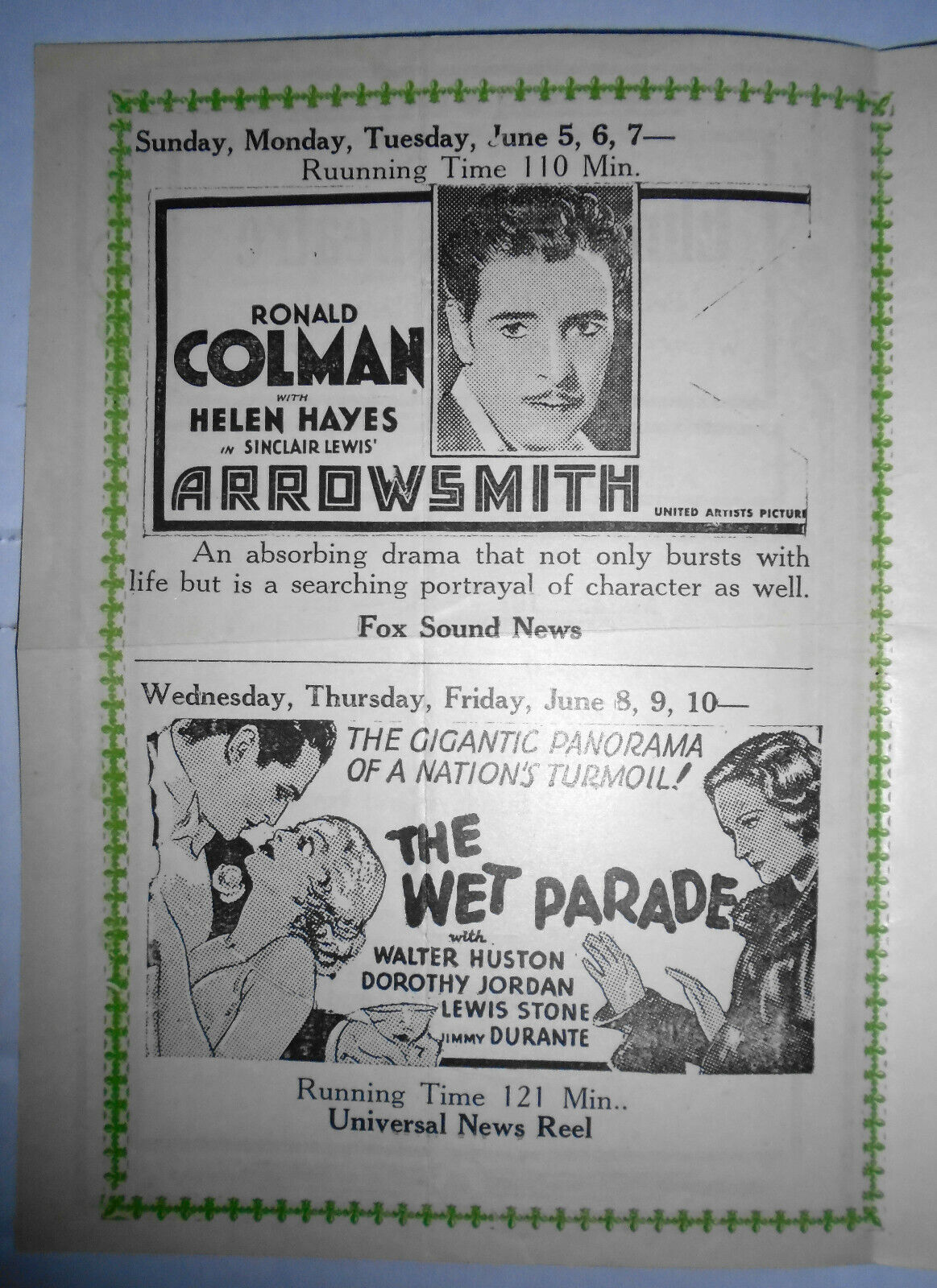 Elmwood Theatre Program, 1932. Arrowsmith; Wet Parade; Range Feud.