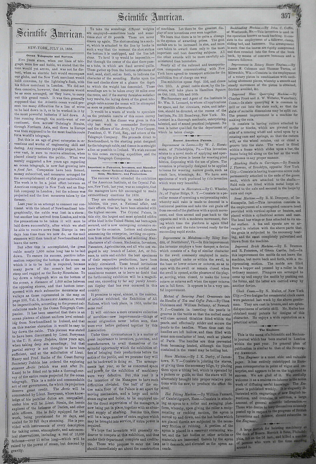 Scientific American, July 19, 1856. American vs European photographs; telegraphy
