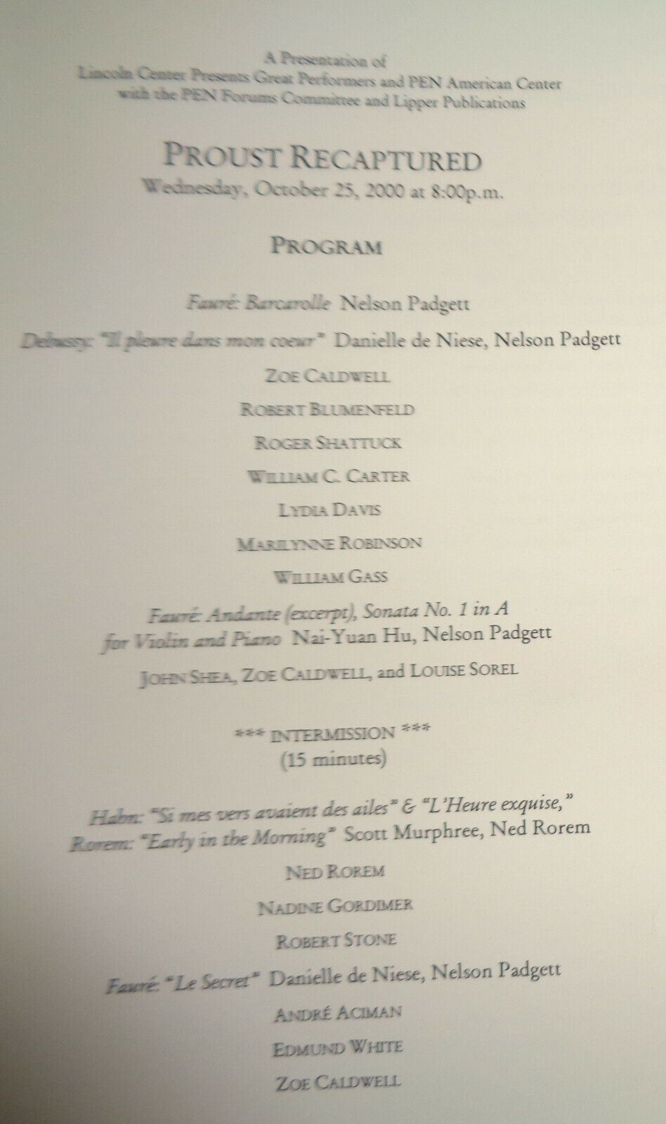PROUST RECAPTURED - STAGEBILL - OCT 25, 2000, Lincoln Center, NYC