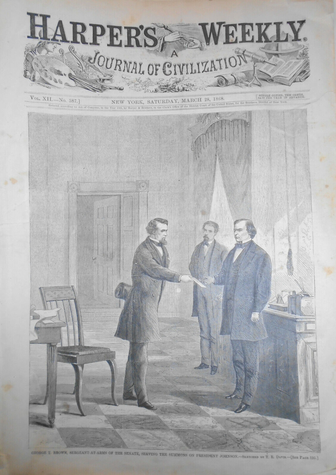 President Andrew Johnson served with Impeachment Summons by George T Brown, 1868
