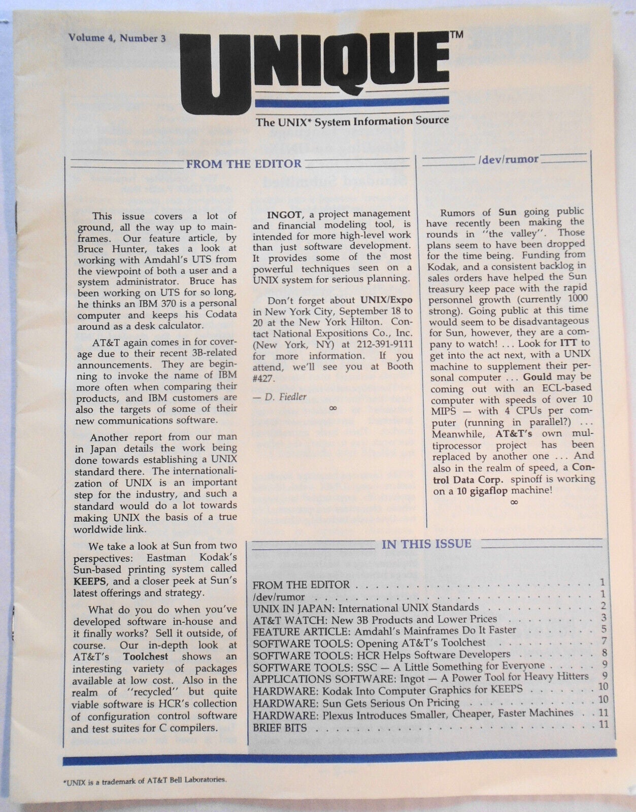 UNIQUE, Vol. 4, No. 3, 1985 - The UNIX System Information Source