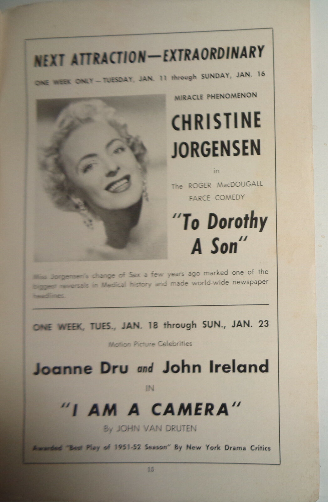 "PICNIC" - PROGRAM - ST LOUIS: THE EMPRESS PLAYHOUSE with CHRISTINE JORGENSEN AD